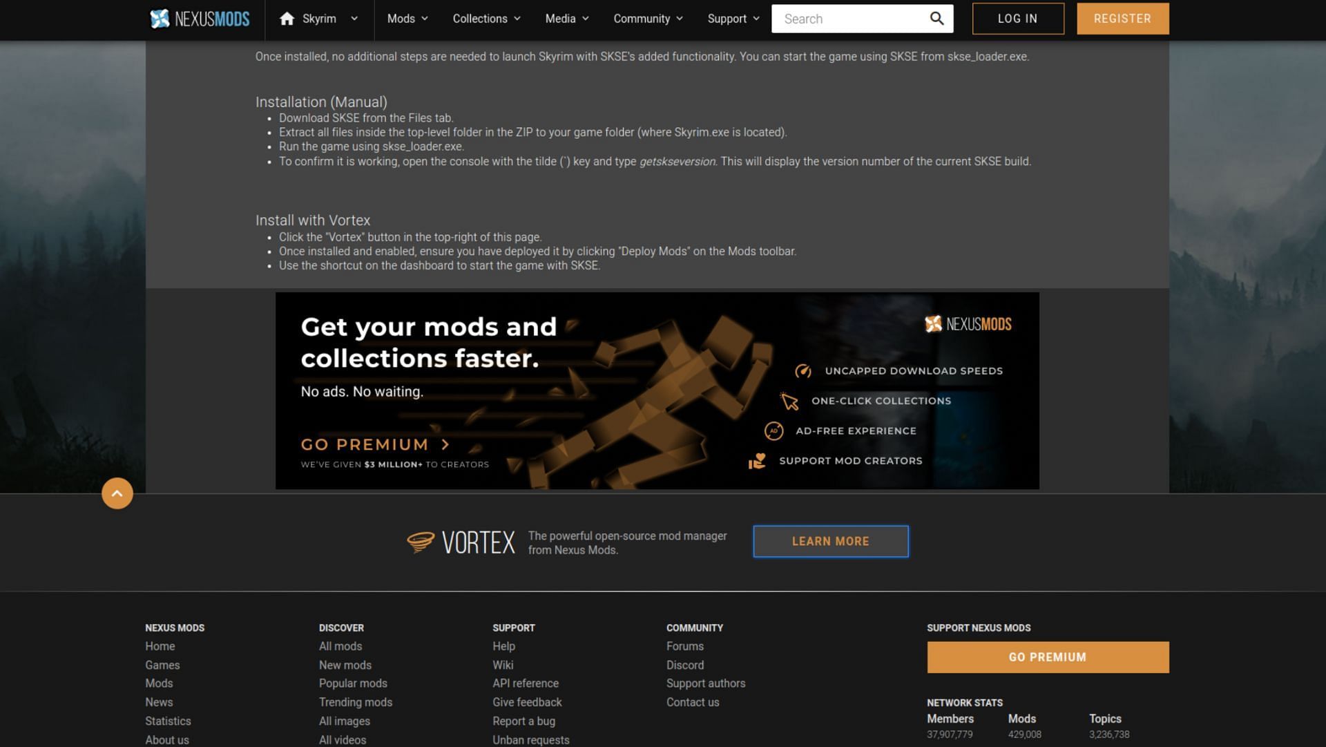 Tautan Vortex Mod Manager dapat ditemukan di bagian bawah halaman web (Gambar melalui Nexusmods) 