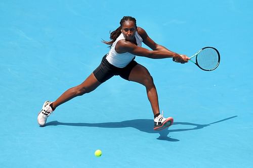 Coco Gauff plays a backhand during a practice session ahead of the 2023 Australian Open