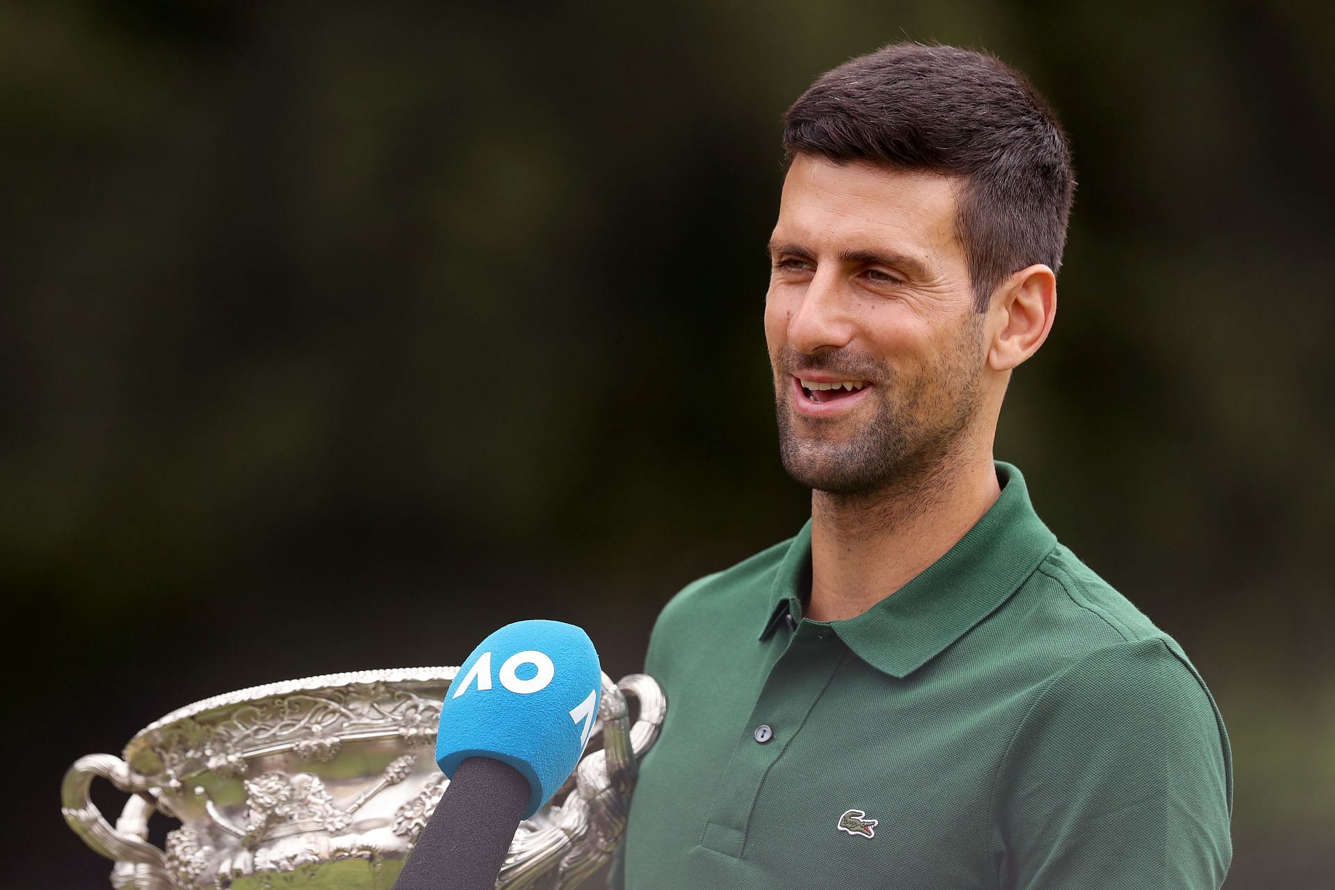 Novak Djokovic pictured during the Australian Open trophy photoshoot.