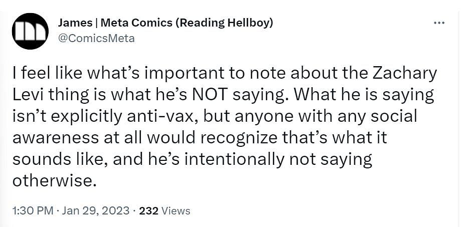 Comment criticizing Levi (Image via Twitter/@ComicsMeta)