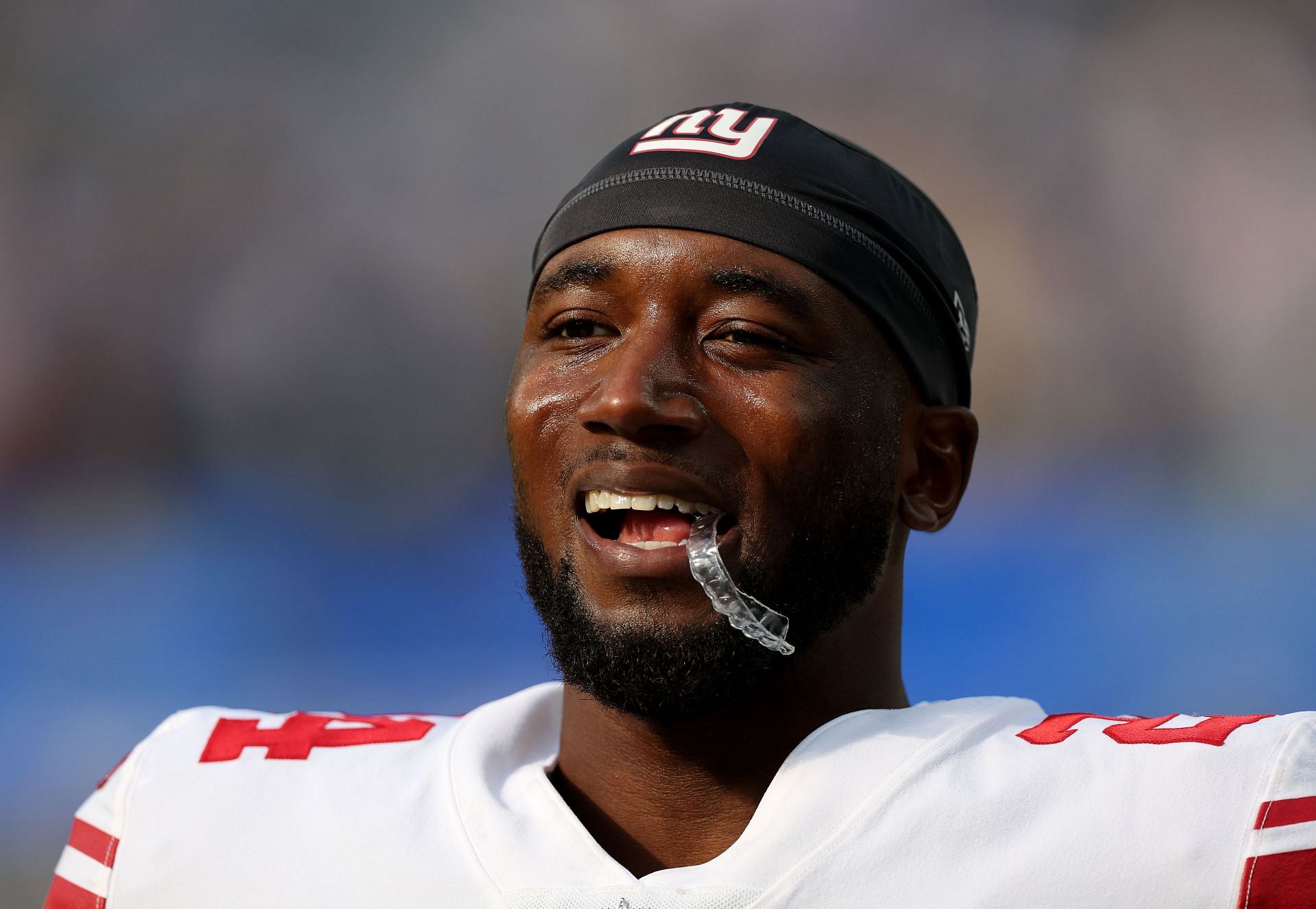James Bradberry of the New York Giants smiles during warm-up before the game against the Los Angeles Chargers