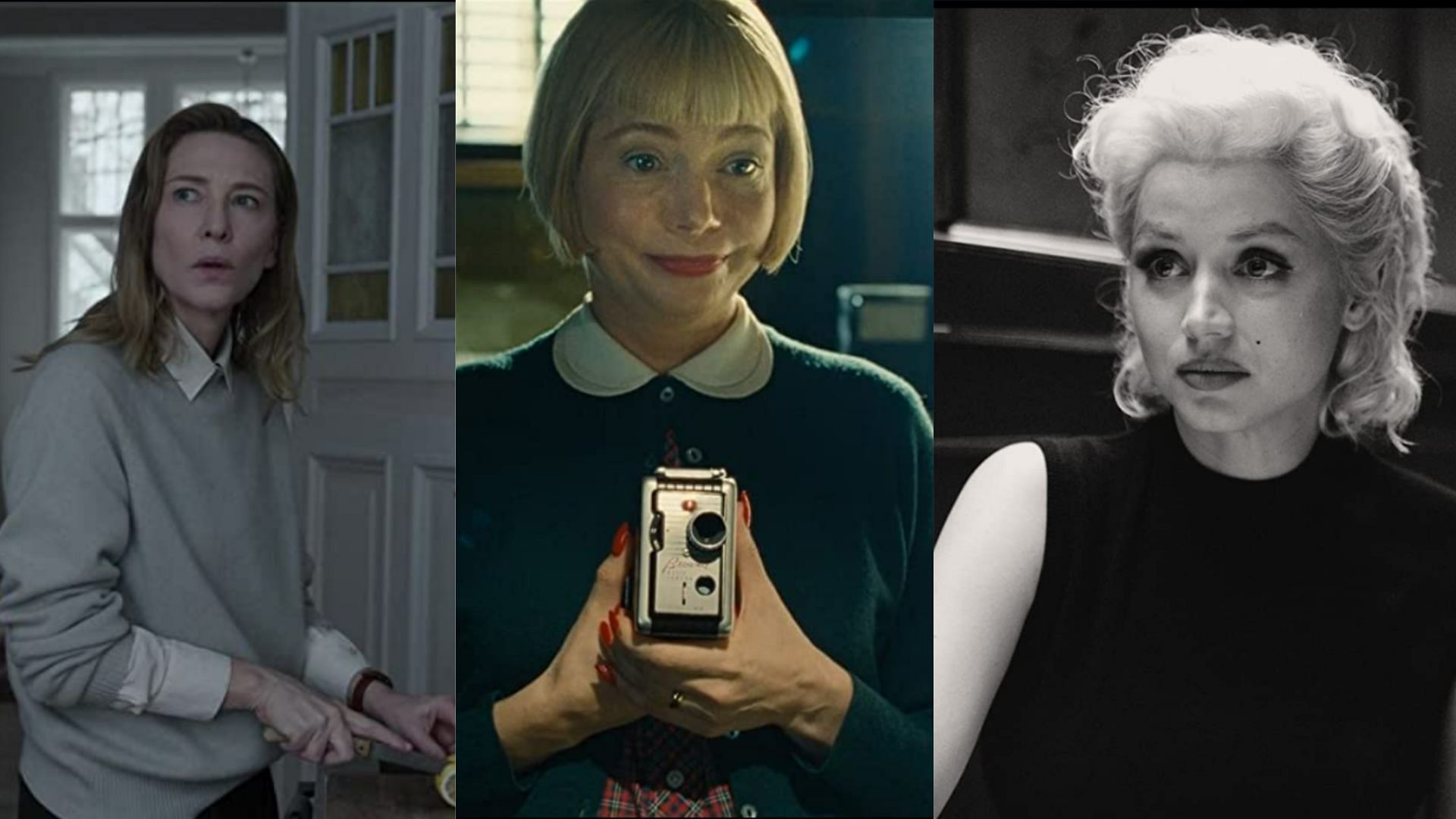 stills of Cate Blanchett in T&aacute;r, Michelle Williams in The Fabelmans and Ana de Armas in Blonde (Images Via IMDb)