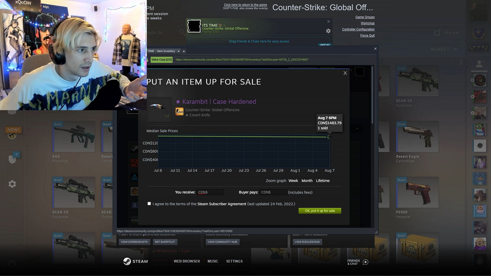 Felix checking out the value of the in-game item on the Steam Marketplace (Image via Twitch)