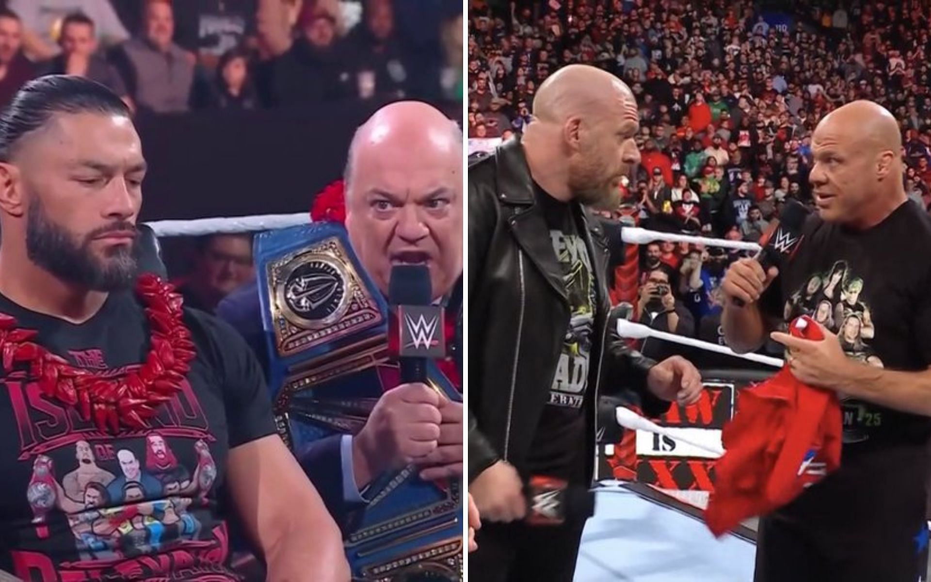 Roman Reigns &amp; Paul Heyman (left); Triple H &amp; Kurt Angle (right)