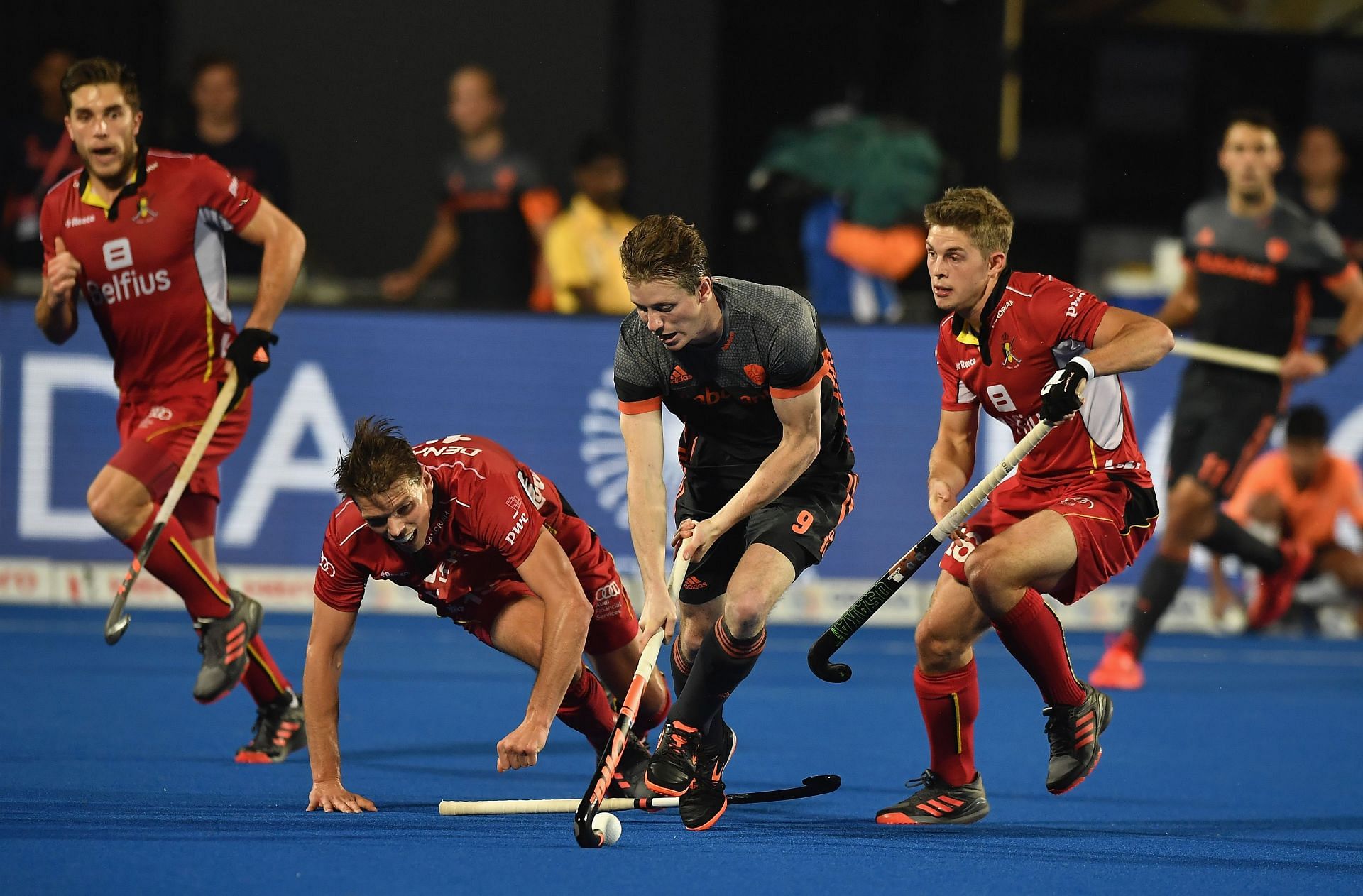Seve van Ass in action for the Netherlands in the final of the 2018 Hockey World Cup