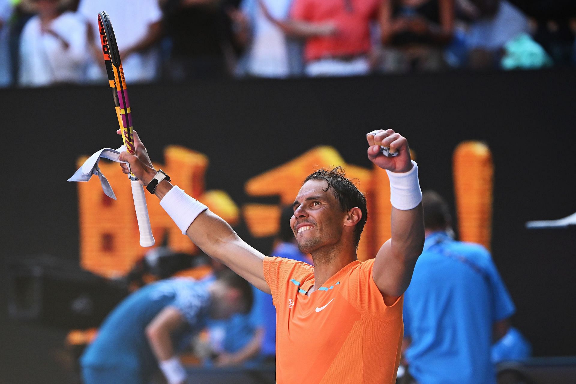 Rafael Nadal celebrates match point in their round one singles match against Jack Draper