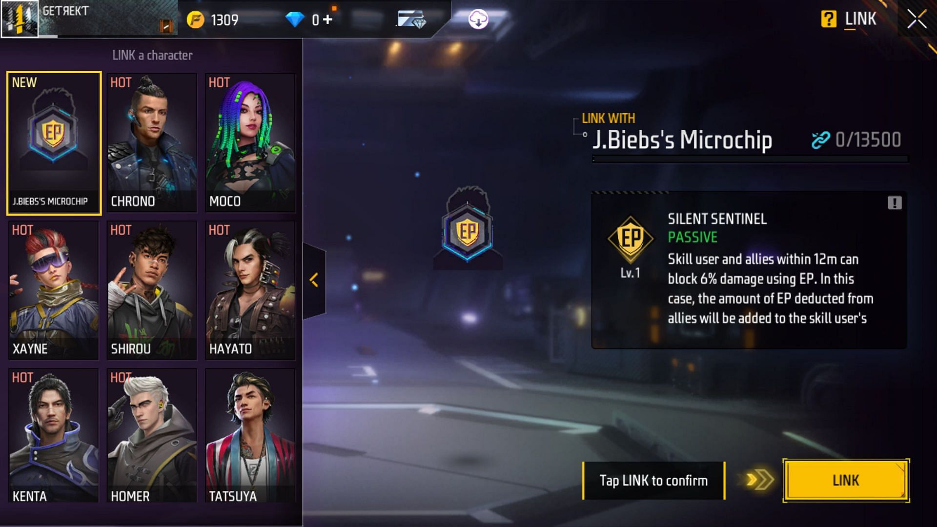 Select &quot;J.Bieb&#039;s Microchip&quot; and tap on the &quot;Link&quot; button (Image via Garena)