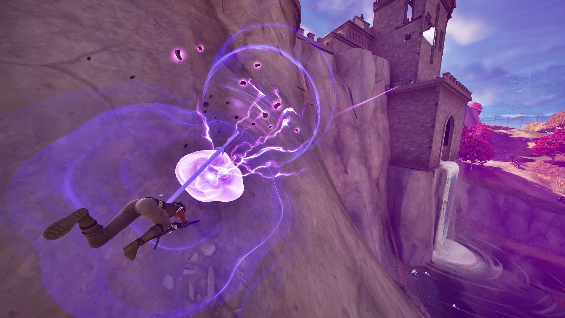 Sometimes using a Shockwave Hammer to escape Ex-Caliber &#039;rounds&#039; doesn&#039;t go according to plan (Image via Epic Games/Fortnite)
