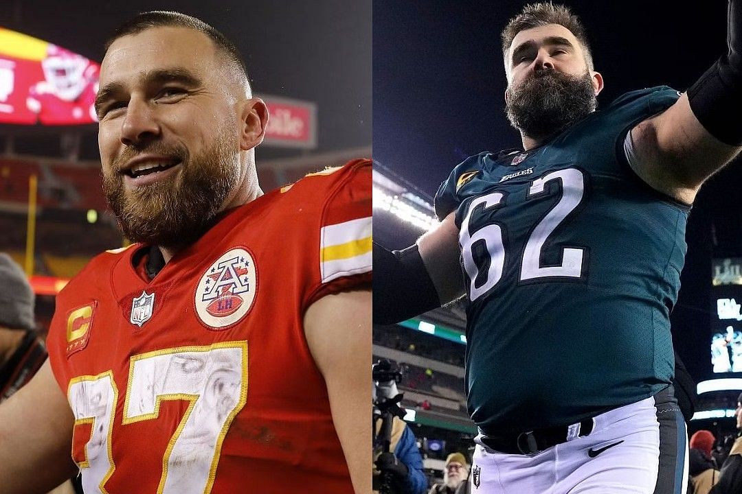 Travis Kelce, left, and his brother Jason, right