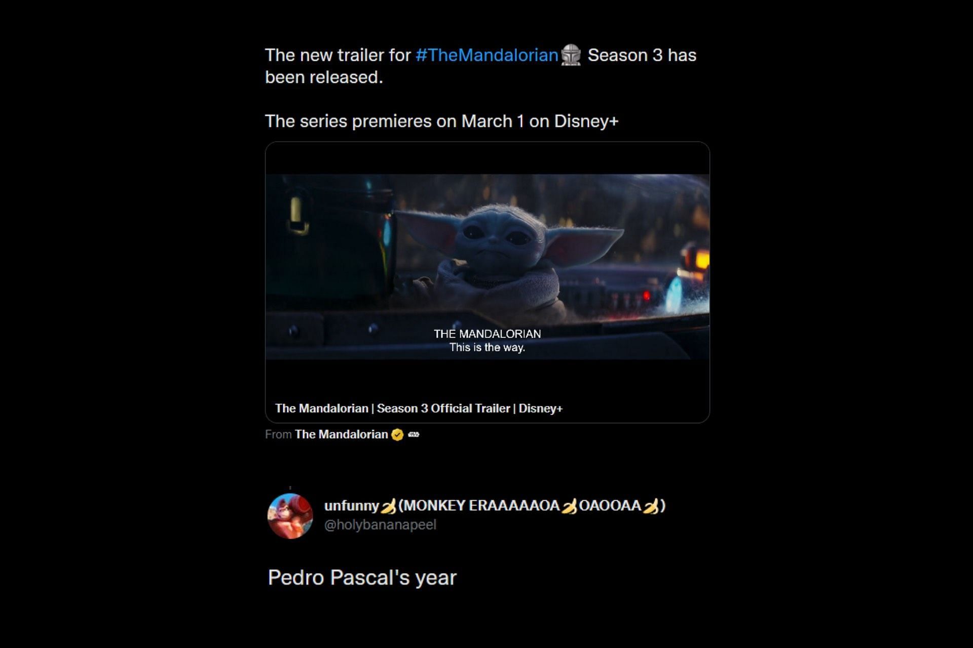 A Twitter user excited to see Pedro Pascal in The Mandalorian season 3 (Image via Twitter)