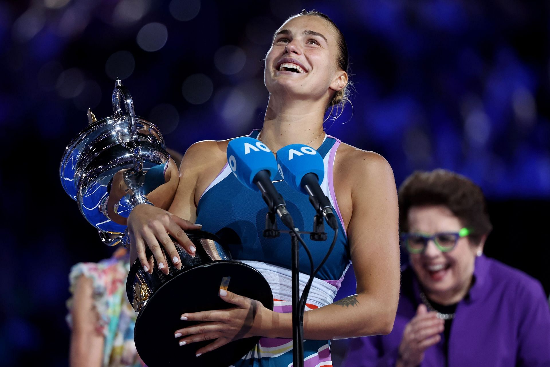 Aryna Sabalenka pictured with her Australian Open trophy.