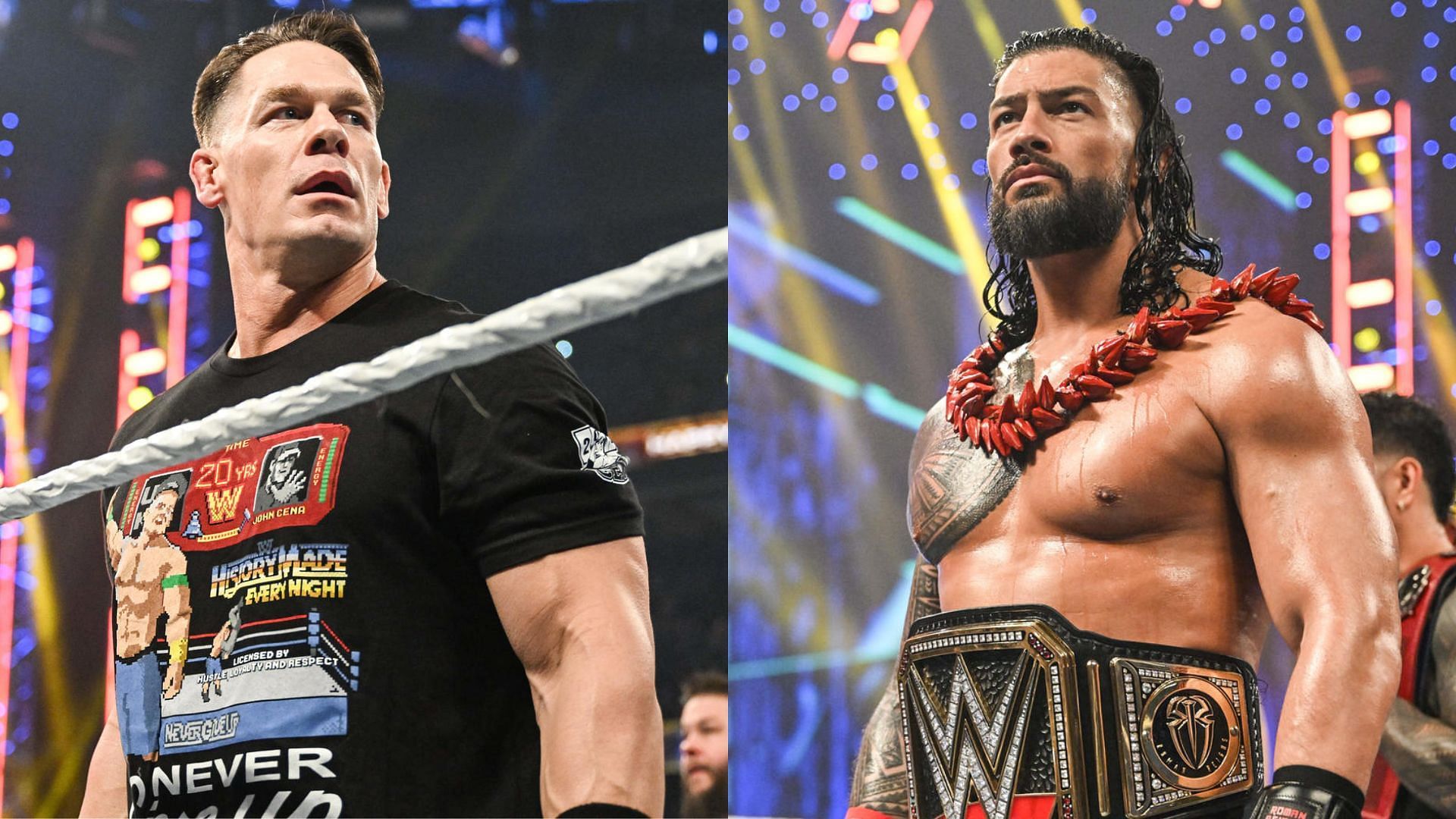 John Cena (left); Roman Reigns (right)