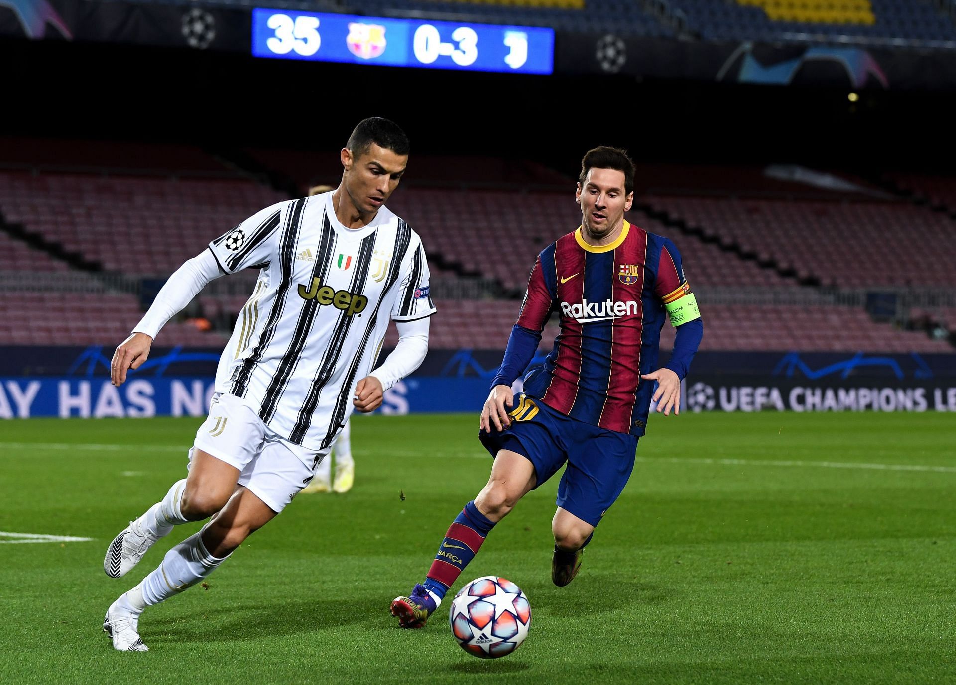 Cristiano Ronaldo and Lionel Messi in action during FC Barcelona&#039;s Champions League clash with Juventus.