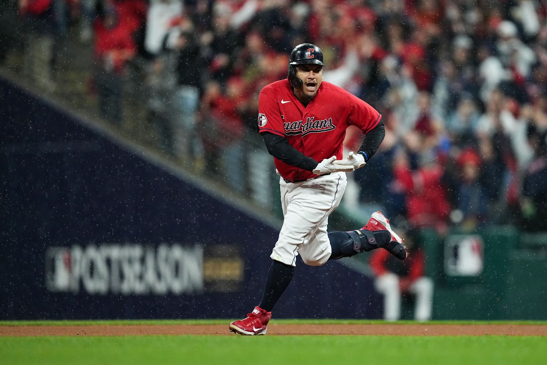 Josh Naylor rounds the bases after hitting a home run against the New York Yankees at Progressive Field