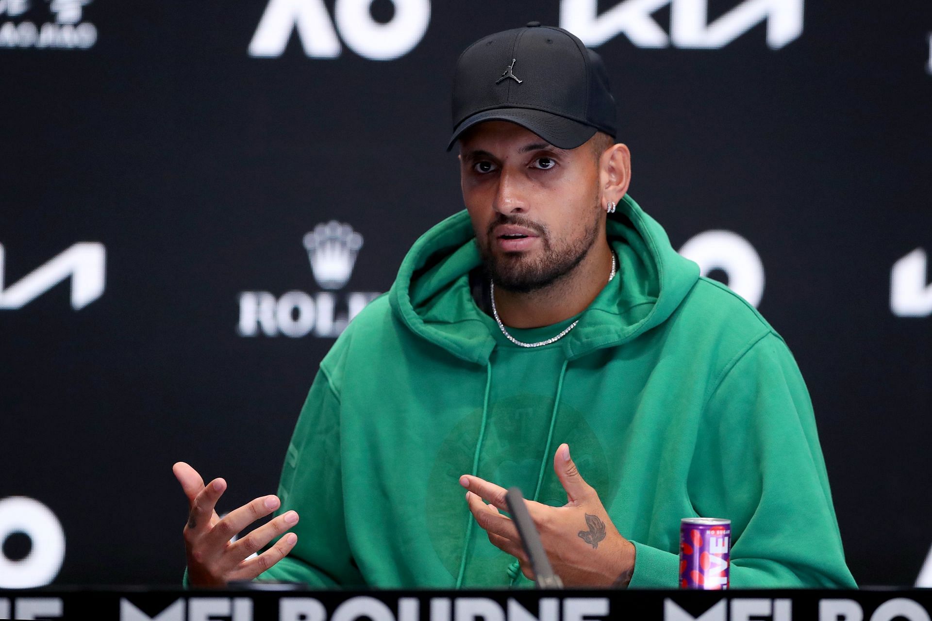 Nick Kyrgios pictured at a press conference during the 2023 Australian Open.