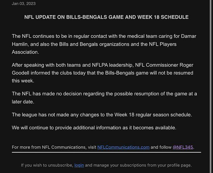 NFL says Bills-Bengals game won't resume this week, no changes to Week 18  schedule