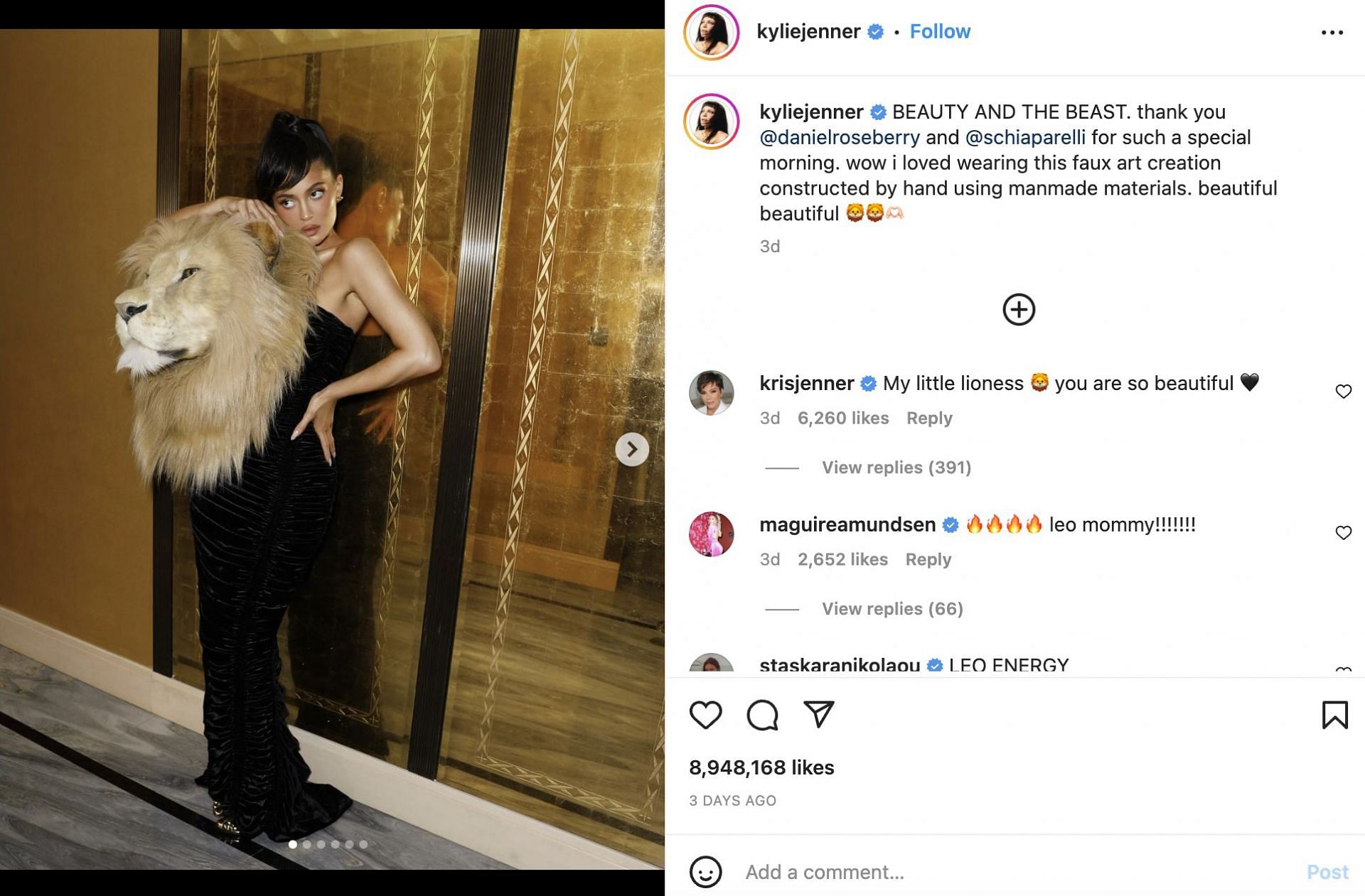 Kylie Jenner uploaded a bunch of pictures from the Schiaparelli Haute Couture Show at Paris Fashion Week. (Image via Instagram)