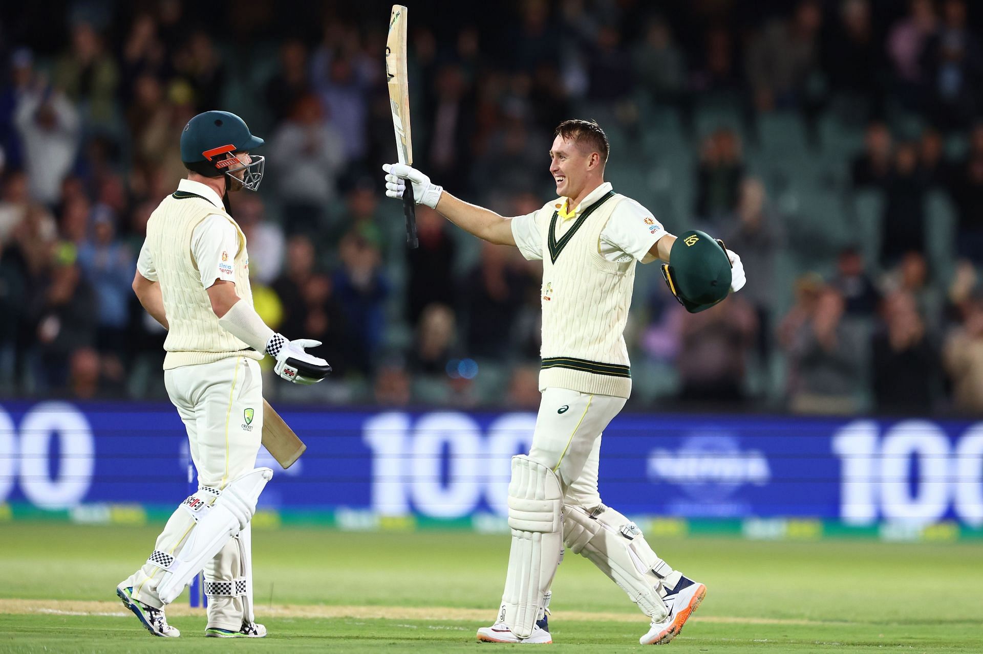 Marnus Labuschagne celebrates his century against West Indies at the Adelaide Oval. Pic: Getty Images
