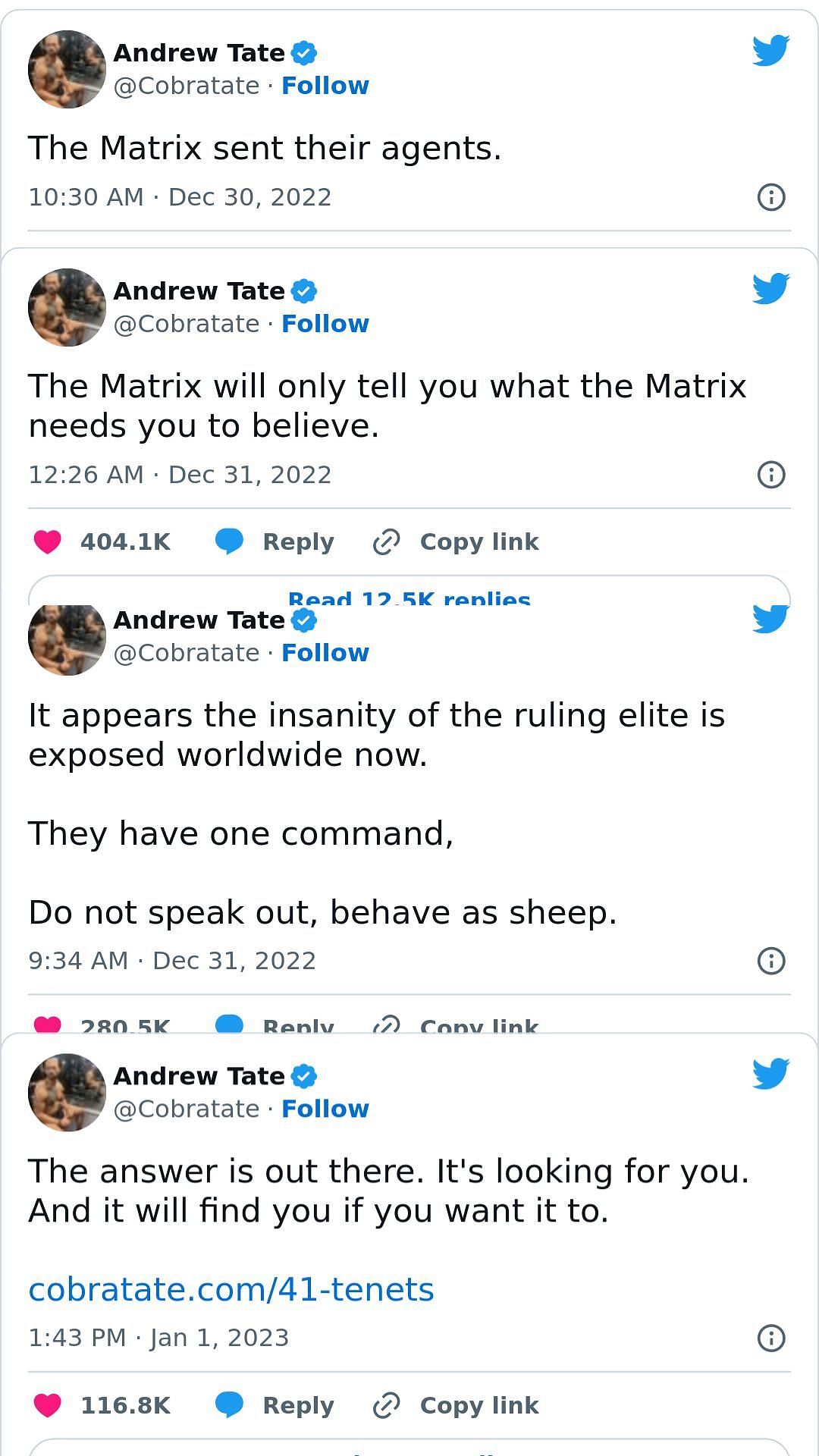 The series of Tweets made by Tate blaming the matrix for his arrest (Image via Twitter/@cobratate)