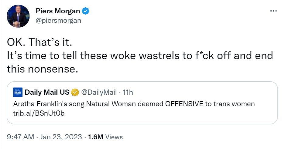 A tweet by Piers Morgan (Image via Twitter/@piersmorgan)