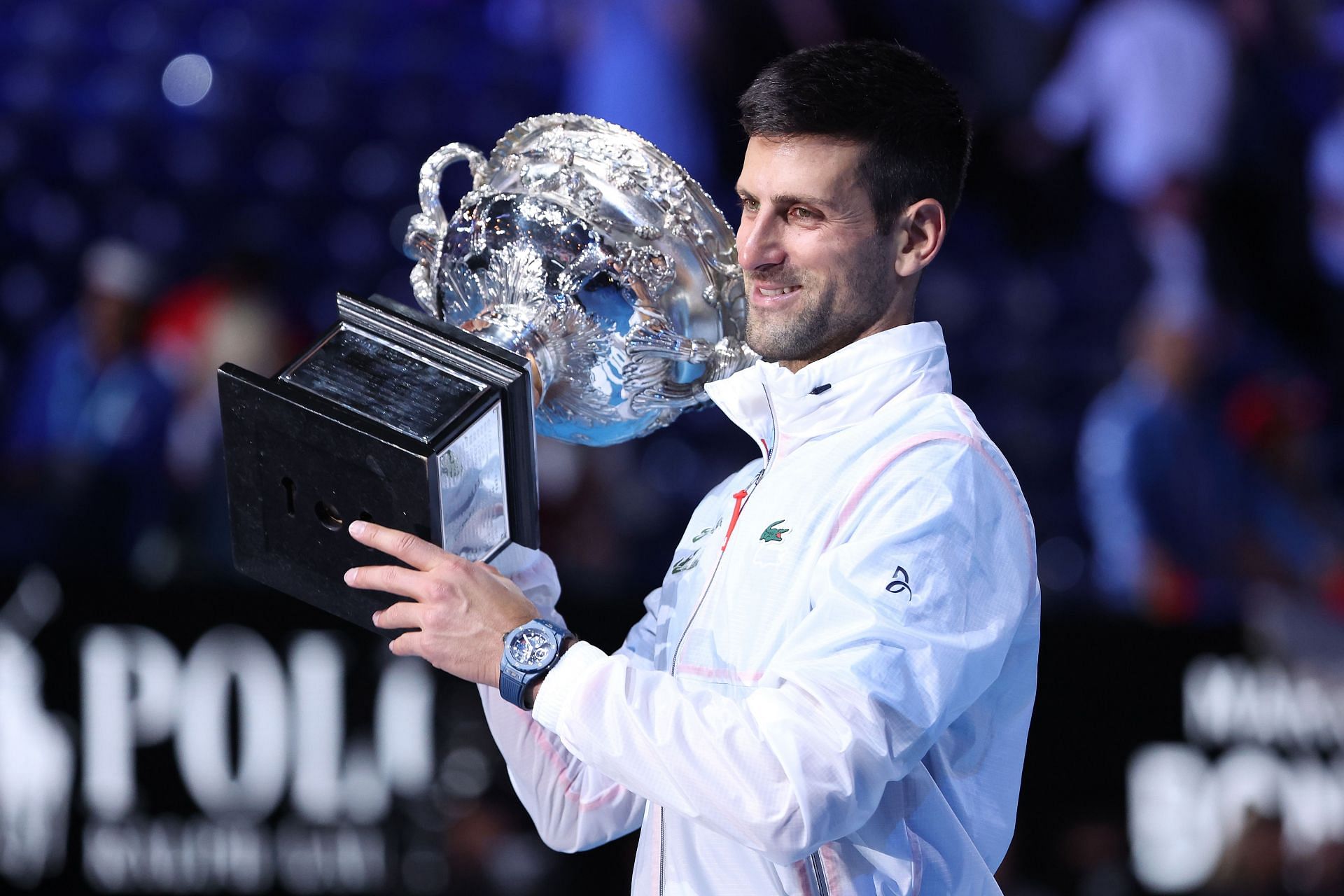 The Serbian superstar celebrates after winning the 2023 Australian Open.