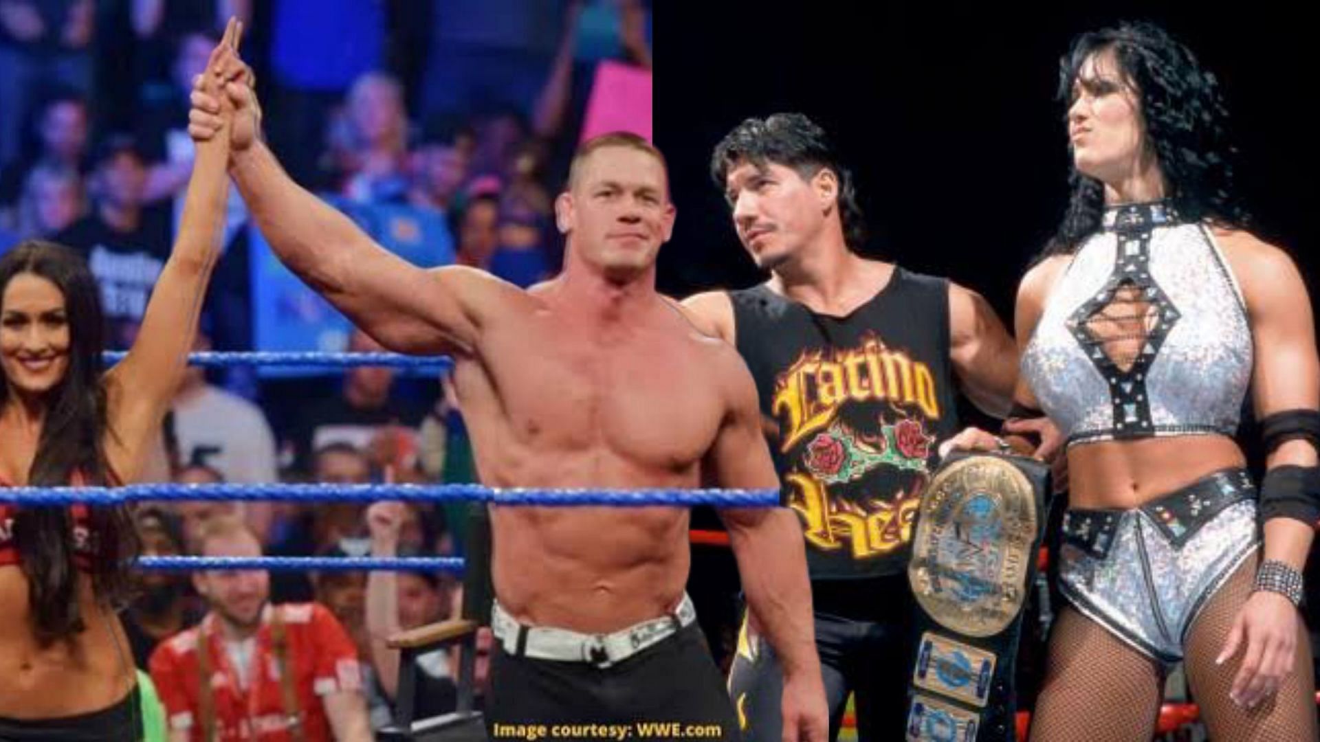 Nikki Bella and John Cena (L); Eddie Guerrero and Chyna (R).