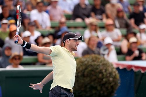 Dominic Thiem plays a backhand during day one of the 2023 Kooyong Classic