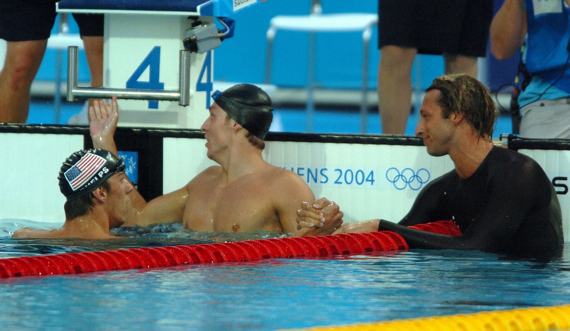 Australia&#039;s Ian Thorpe is congratulated by his rival Michael Phelps from the USA (L) after winning gold in the Men&#039;s 200-meter freestyle final at the Olympic Aquatic Centre in Olympic Games in Athens, Greece, Monday, August 16, 2004. (Photo by Phil Walter/Getty Images)