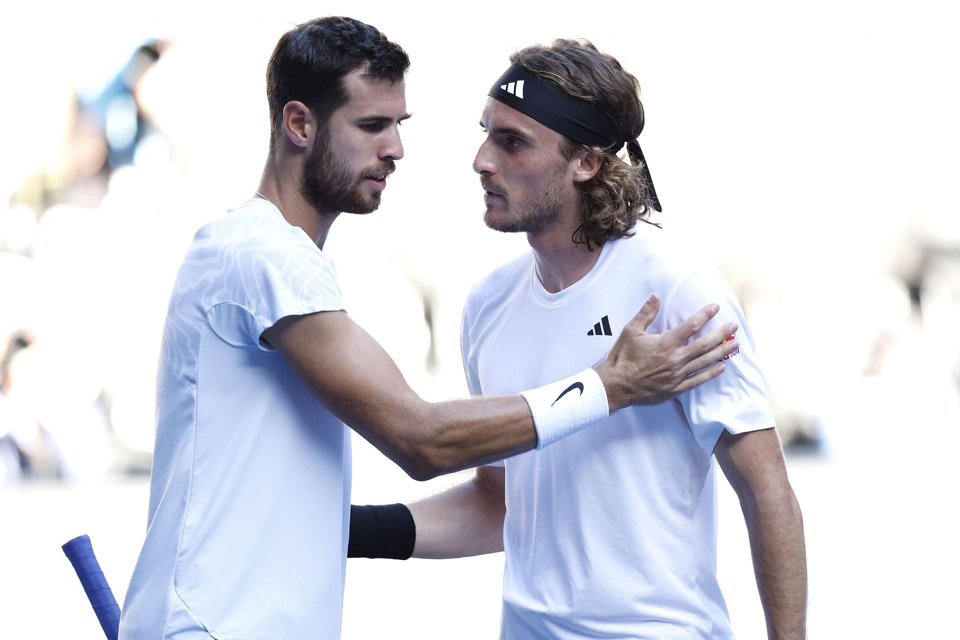 Stefanos Tsitsipas (R) after beating Karen Khachanov at the 2023 Australian Open.