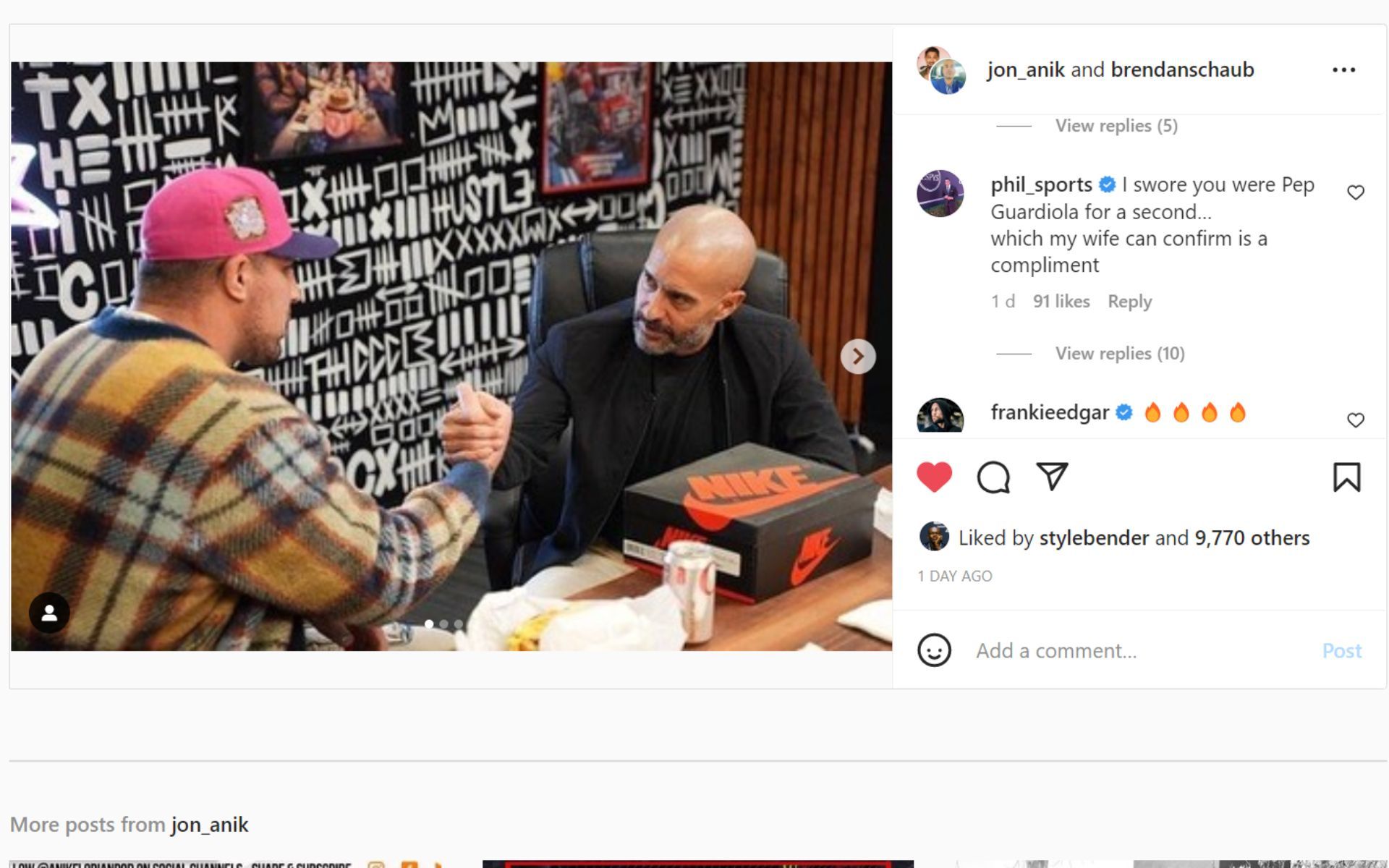 Screenshot of Jon Anik&#039;s Instagram post showing Phil Murphy&#039;s comment