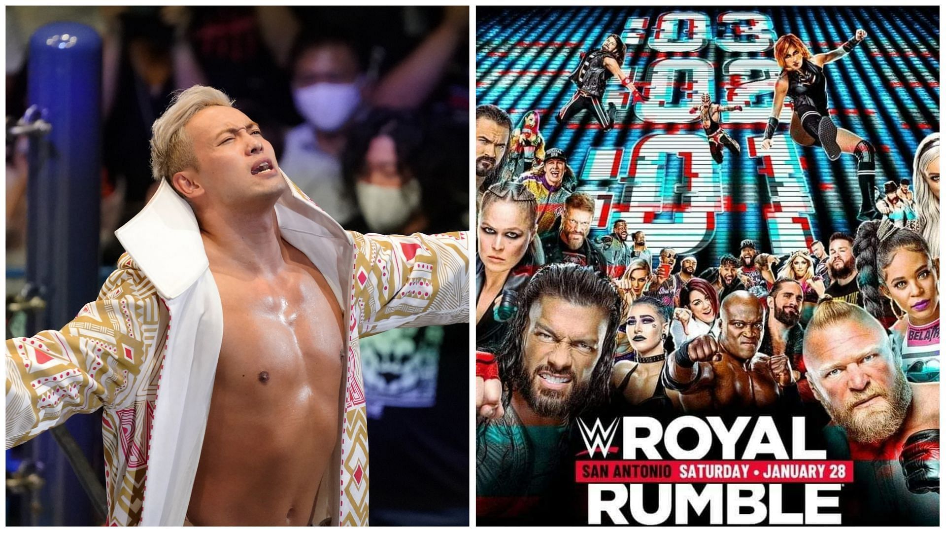 &quot;The Rainmaker&quot; Kazuchika Okada (left), WWE Royal Rumble 2023 promotional poster (right)