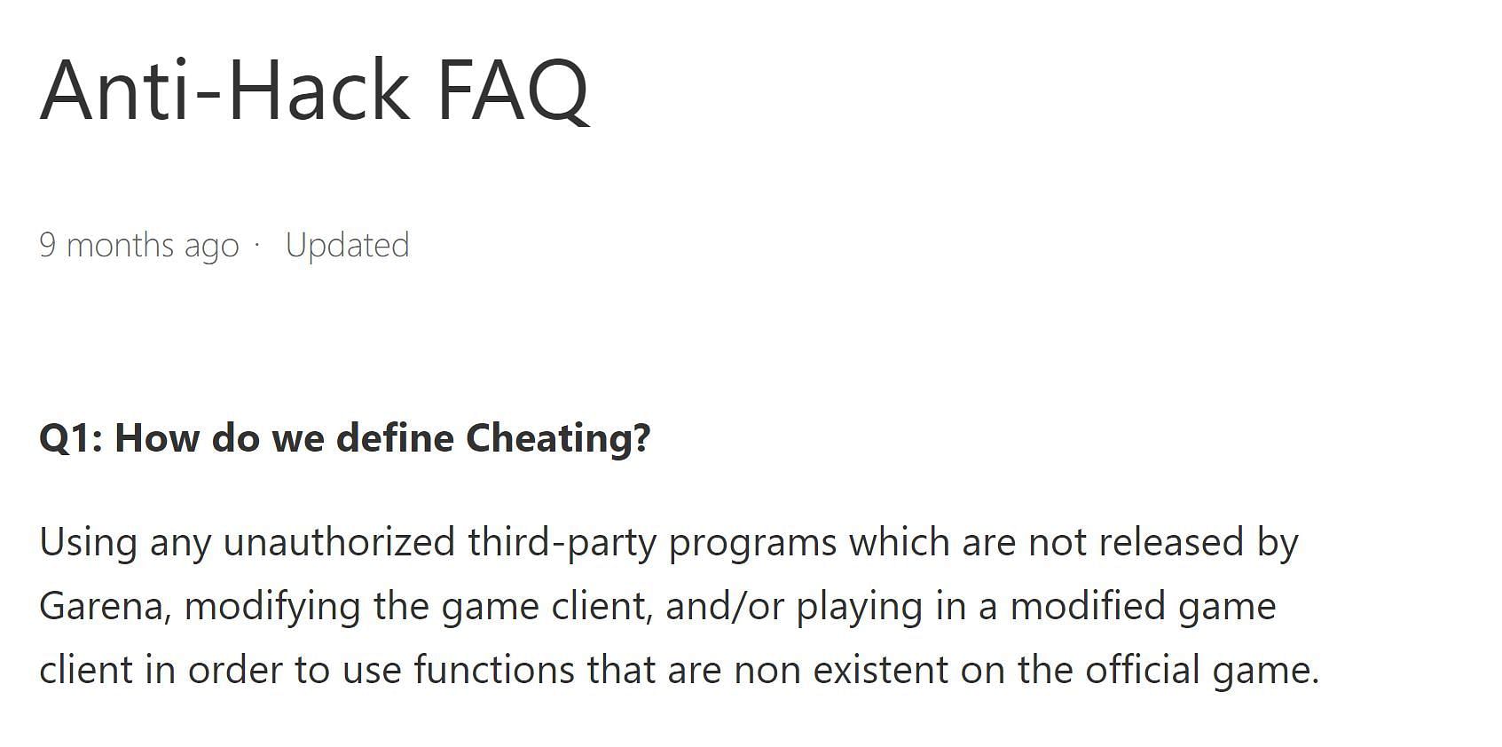 How is cheating defined as per the developers (Image via Garena)