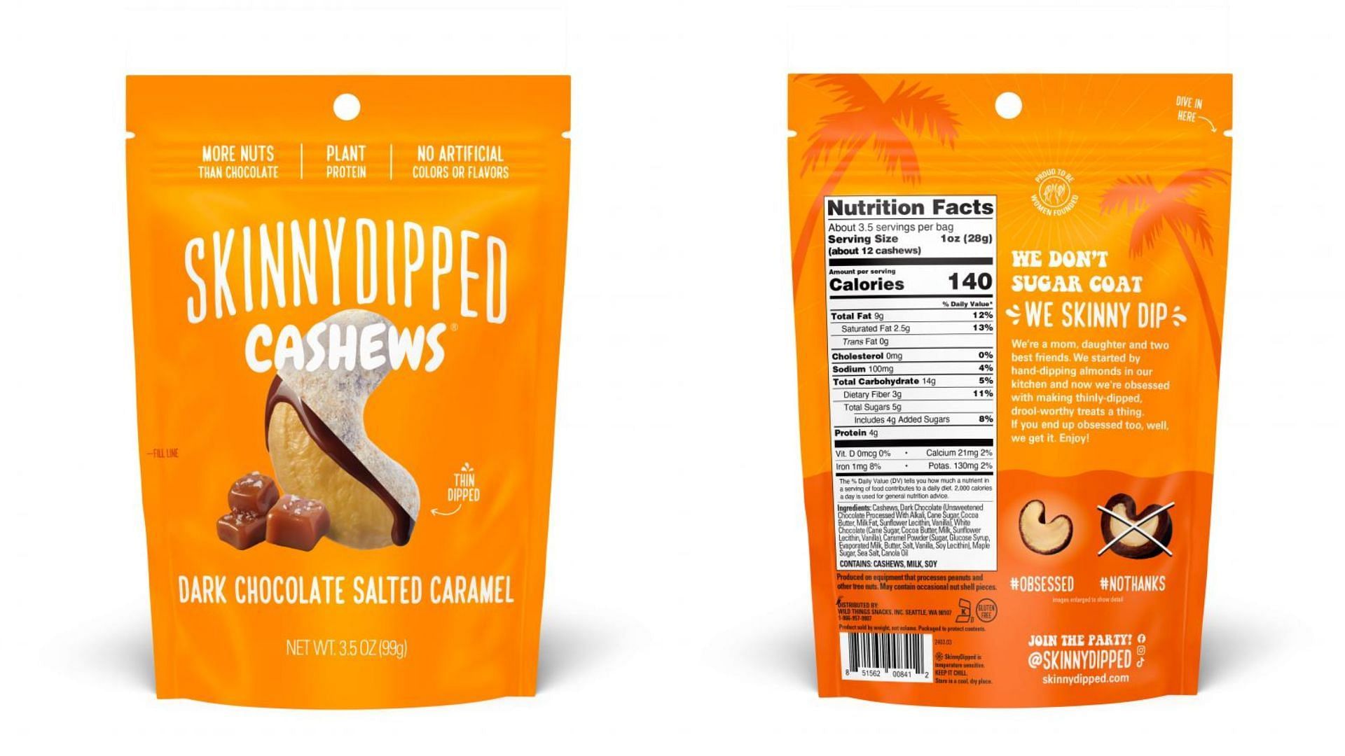packets of the SkinnyDipped Dark Chocolate Salted Caramel Cashew recalled over concerns of undeclared peanut allergens (Image via FDA)