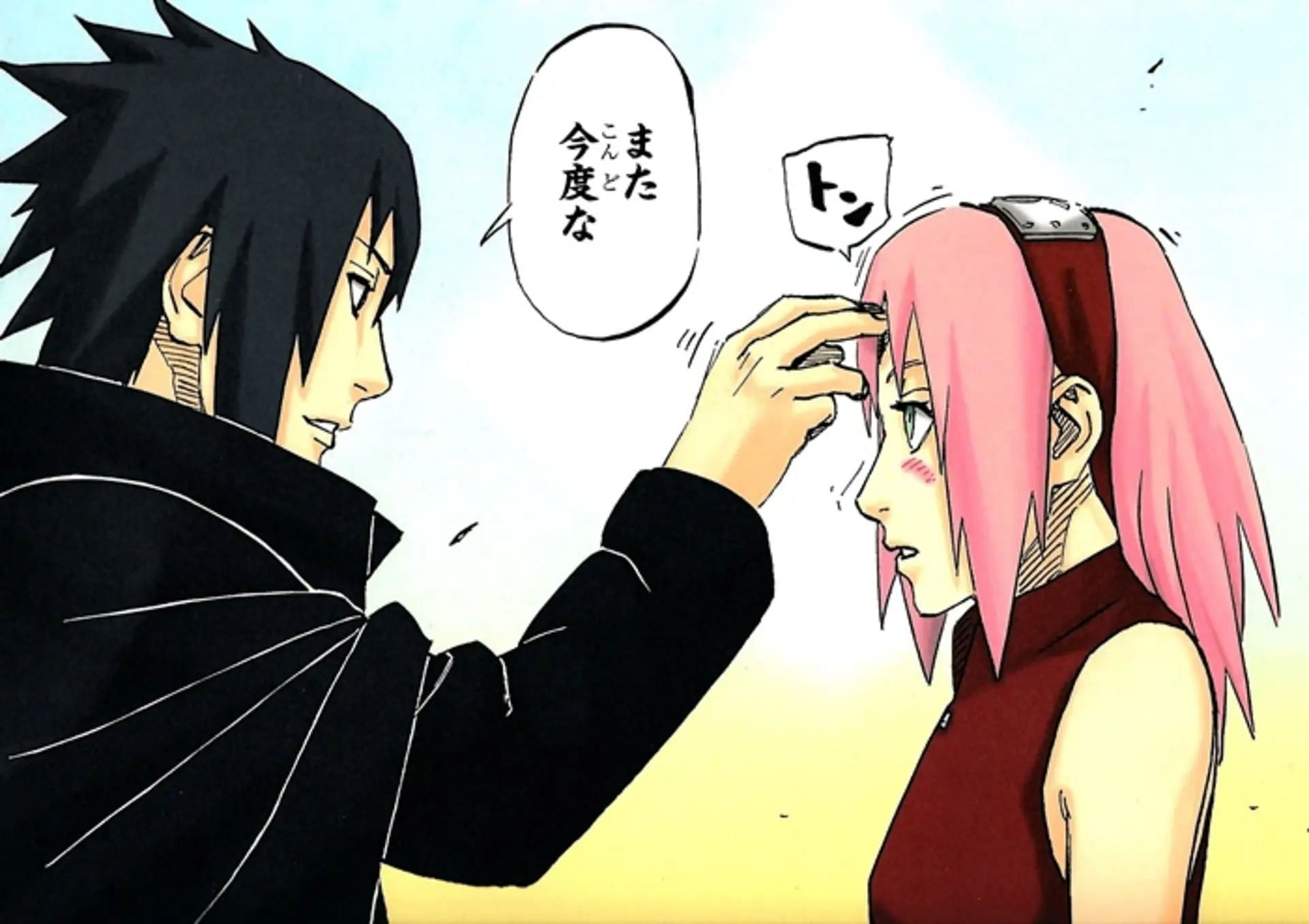 Sasuke taps Sakura on the forehead affectionately (Image via Shueisha)