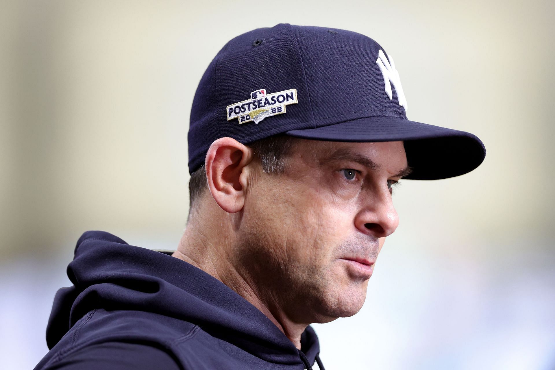 Manager Aaron Boone looks on against the Houston Astros during game two of the ALCS