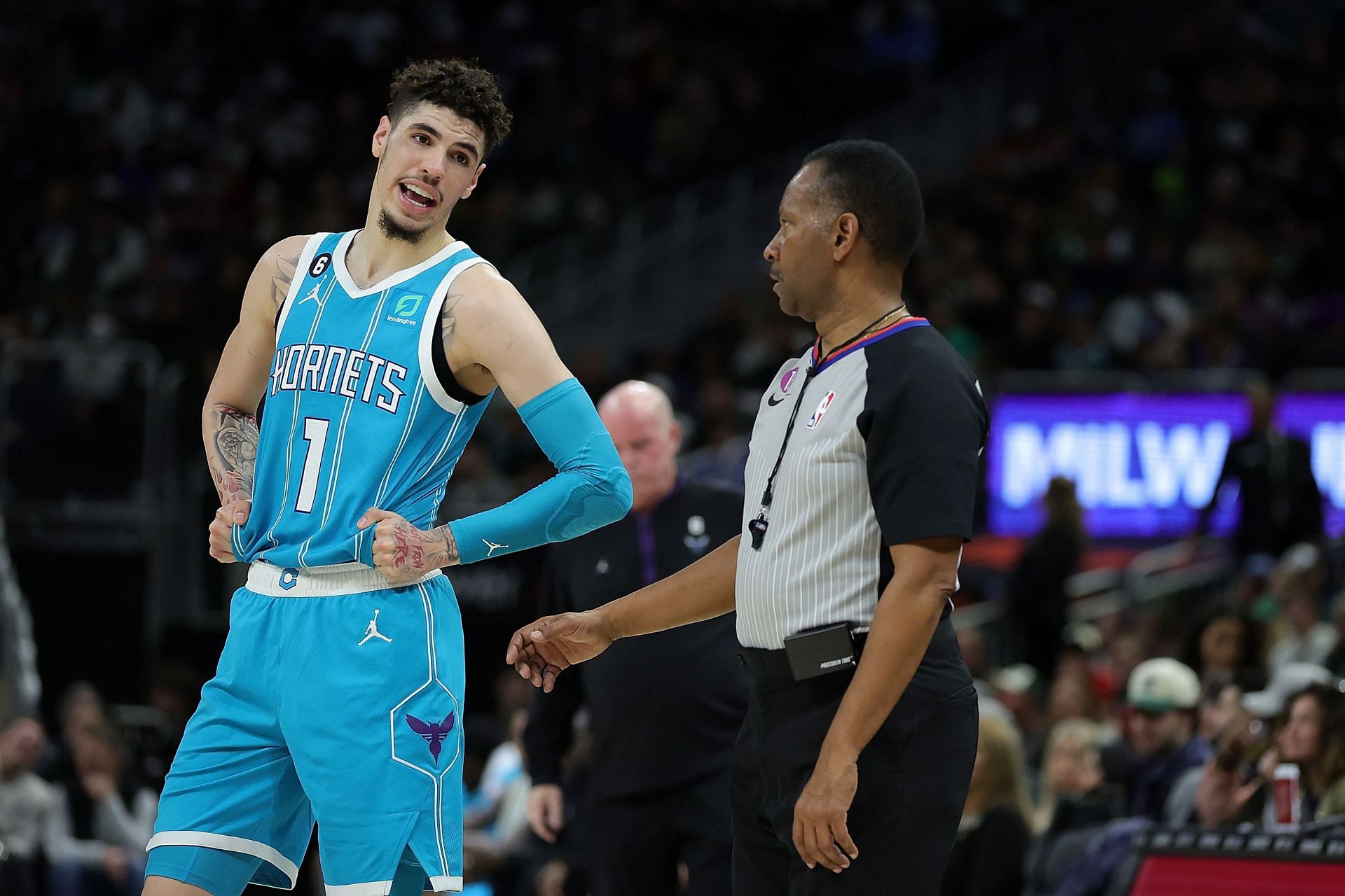 Charlotte Hornets All-Star guard LaMelo Ball speaking with a referee
