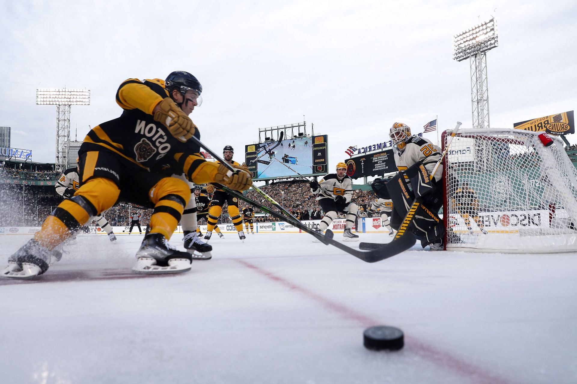 Tristan Jarry #35 of the Pittsburgh Penguins tends the net against the Boston Bruins during the first period in the 2023 Discover NHL Winter Classic at Fenway Park on January 02, 2023 in Boston, Massachusetts. (Photo by Gregory Shamus/Getty Images)