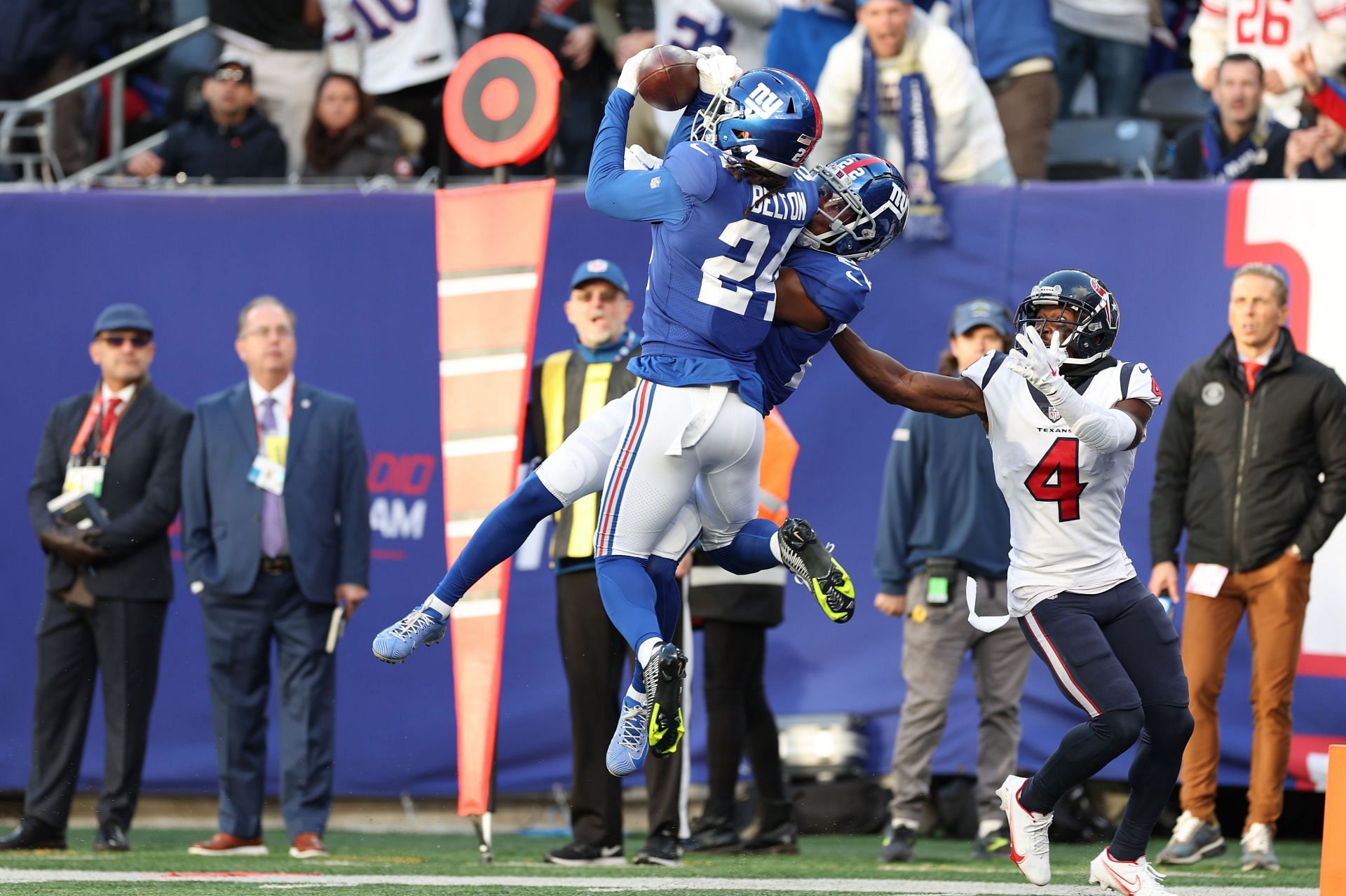 : Dane Belton #24 intercepts a pass intended for Phillip Dorsett