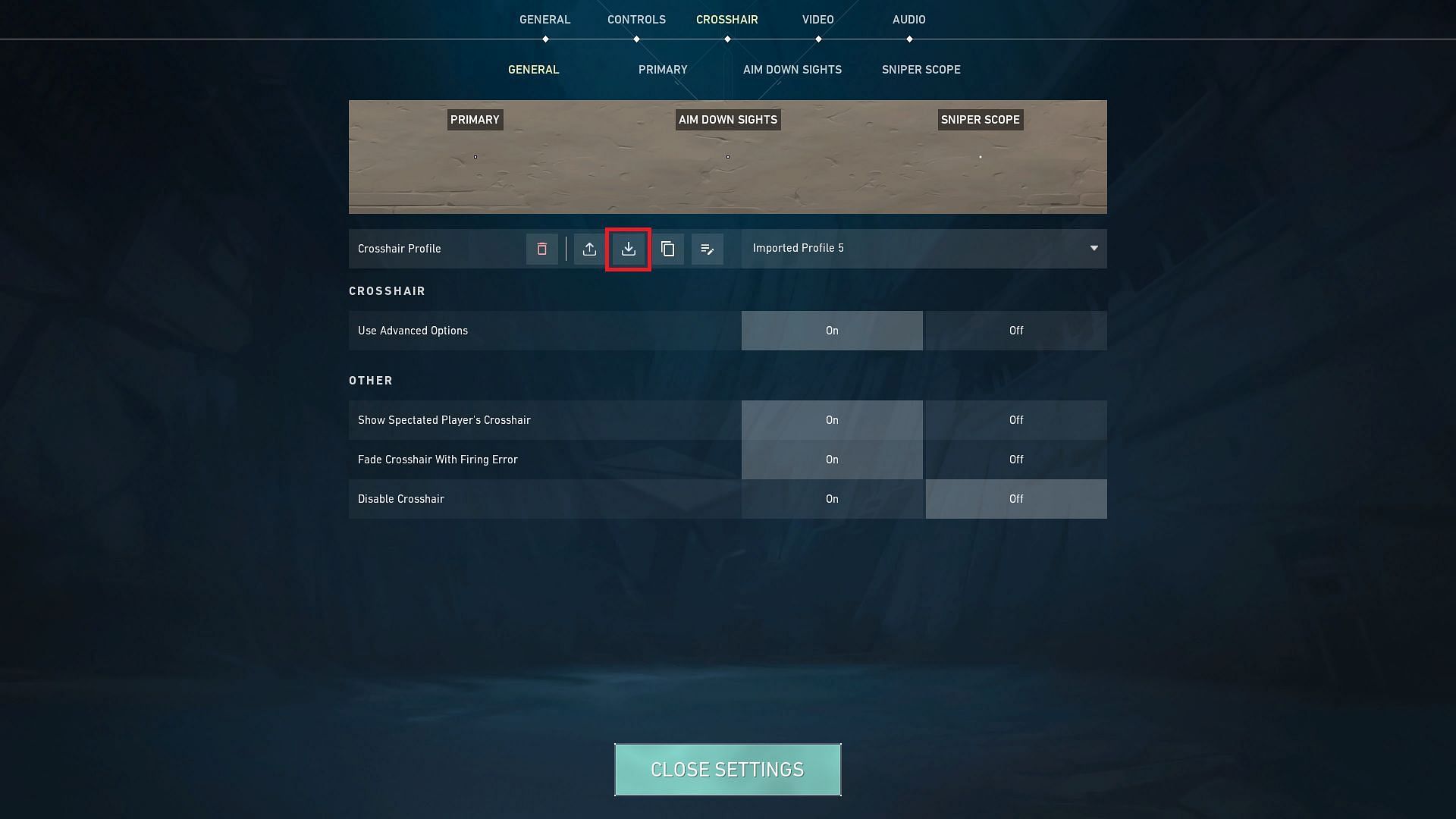 Valorant crosshair settings tab and options (Image via Riot Games)