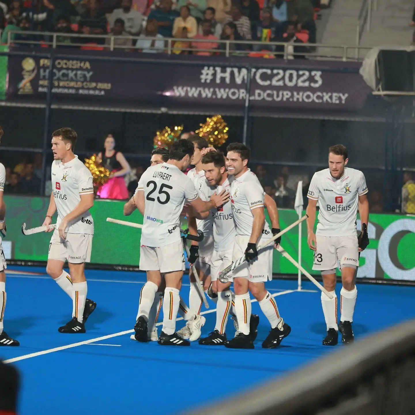 Belgium team celebrating a goal against Germany in an earlier match (Image Courtesy: Twitter/Hockey India)