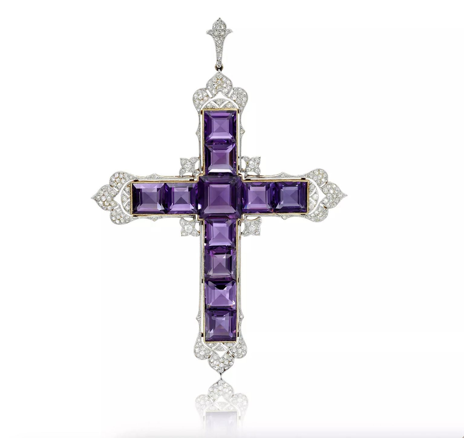 Kim Kardashian purchased Princess Diana&#039;s iconic amethyst-and-diamond cross necklace for $197,453 at an auction on Wednesday, January 18, 2023. (Image via Sotheby&#039;s)