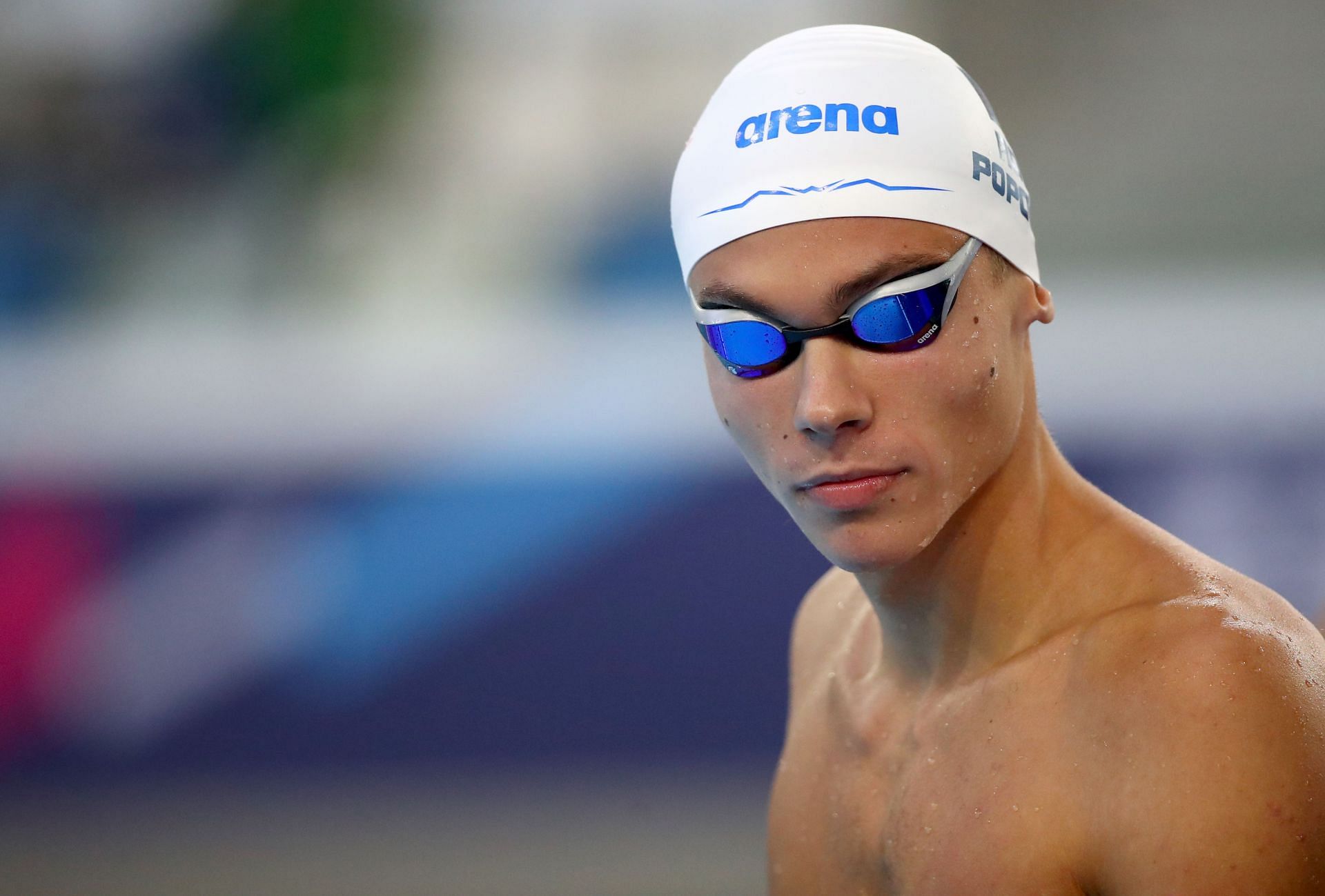 David Popovici of Romania gets ready to compete in Men&#039;s 100m Freestyle Heat of FINA World Junior Swimming Championships Lima 2022