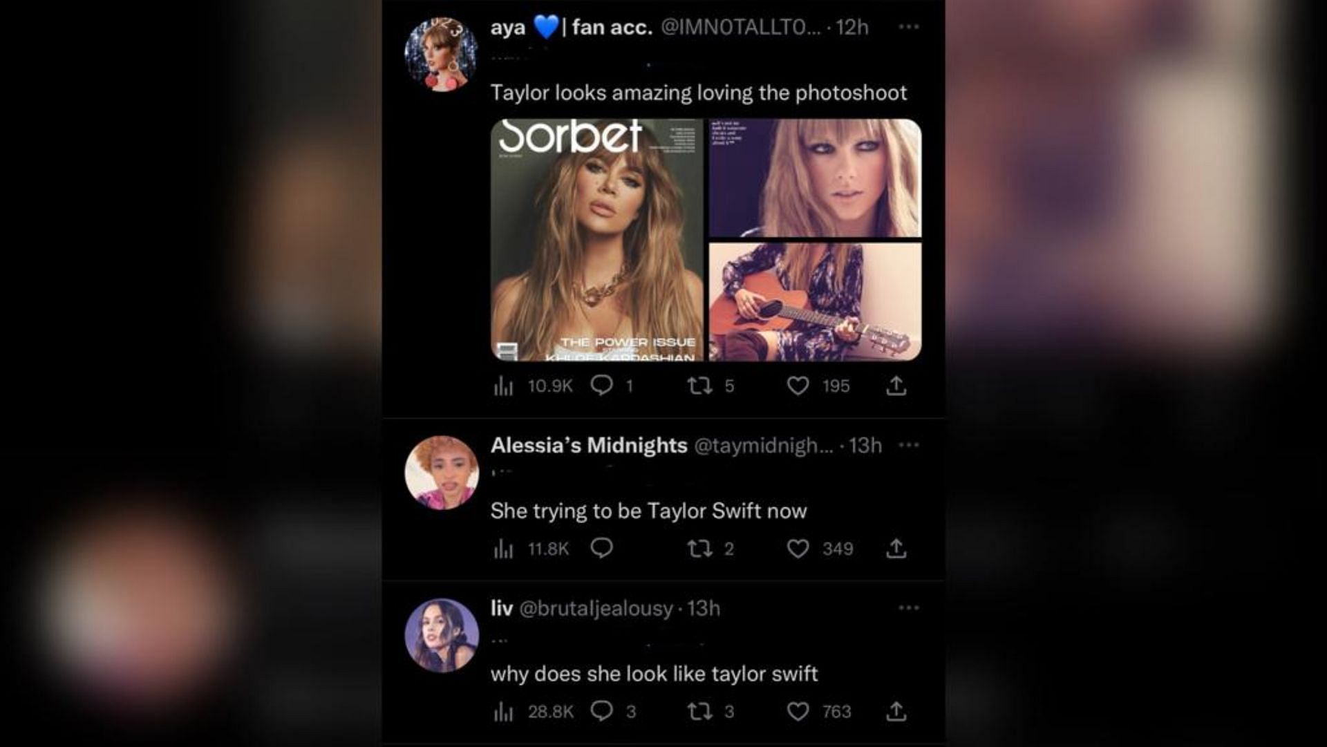 Screenshot of Twitter users comparing Kardashian to Taylor Swift.