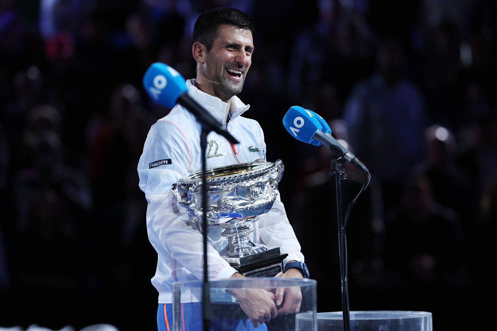 The Serbian superstar celebrates at the 2023 Australian Open.