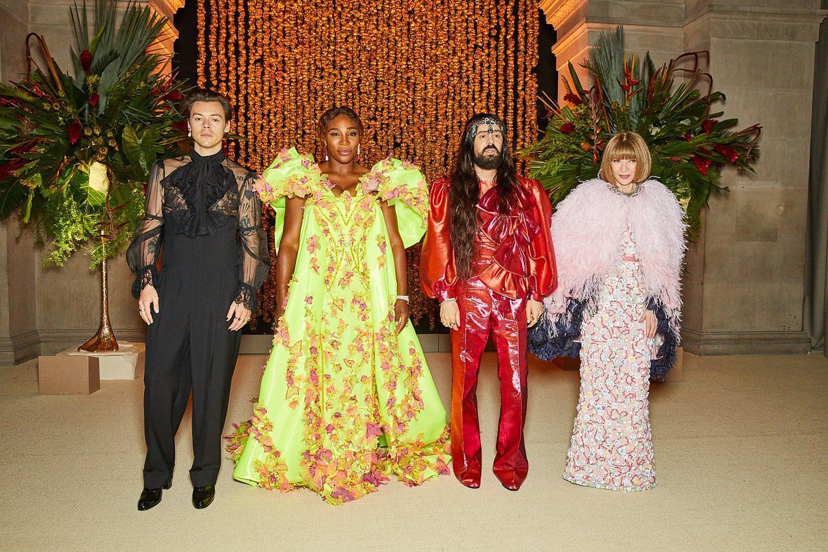 Serena Williams at the 2019 Met Gala with co-chairs Harry Styles, Alessandro Michele and Anna Wintour