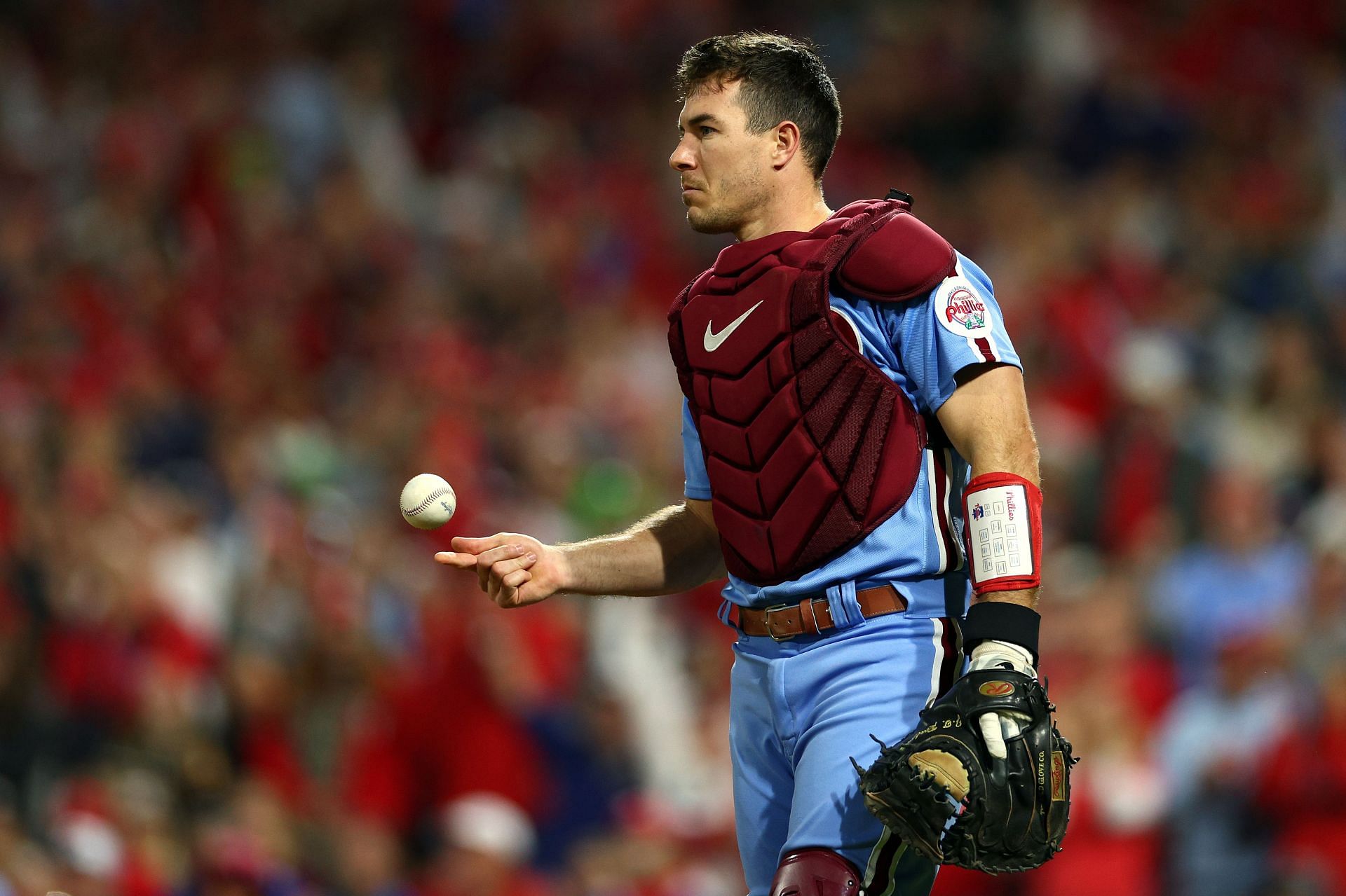 J.T. Realmuto catches a pop fly by Yuli Gurriel #10 of the Houston Astros during the second inning in Game Five of the 2022 World Series at Citizens Bank Park