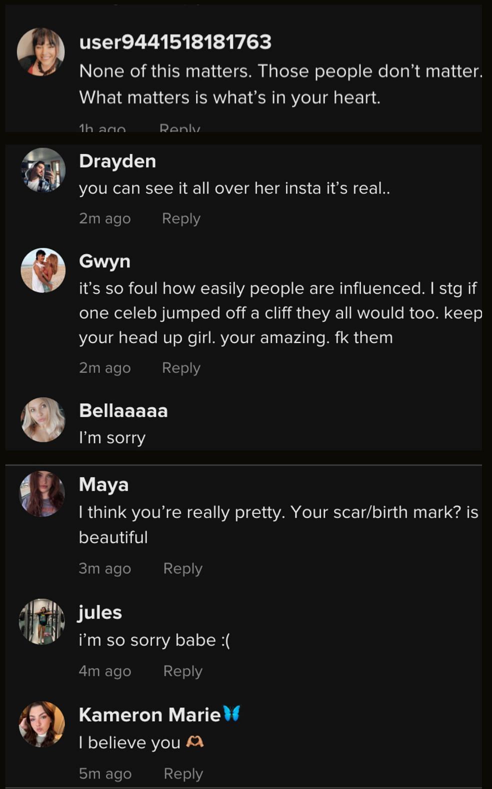 TikTokers showered their support in the comment section of the Scar Girl&#039;s video. (Image via TikTok)