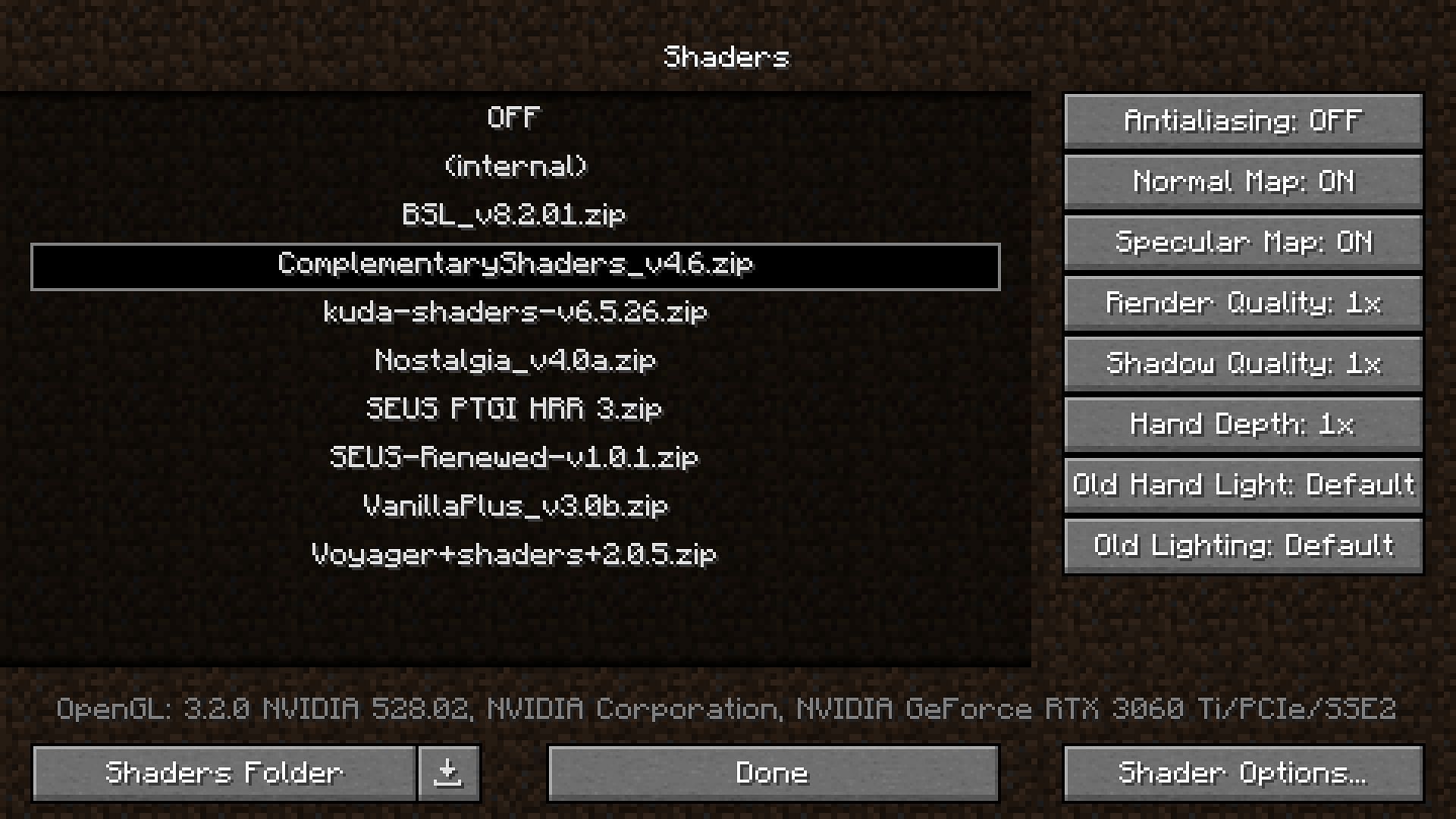 Shaders selection screen in the game (Image via Mojang)