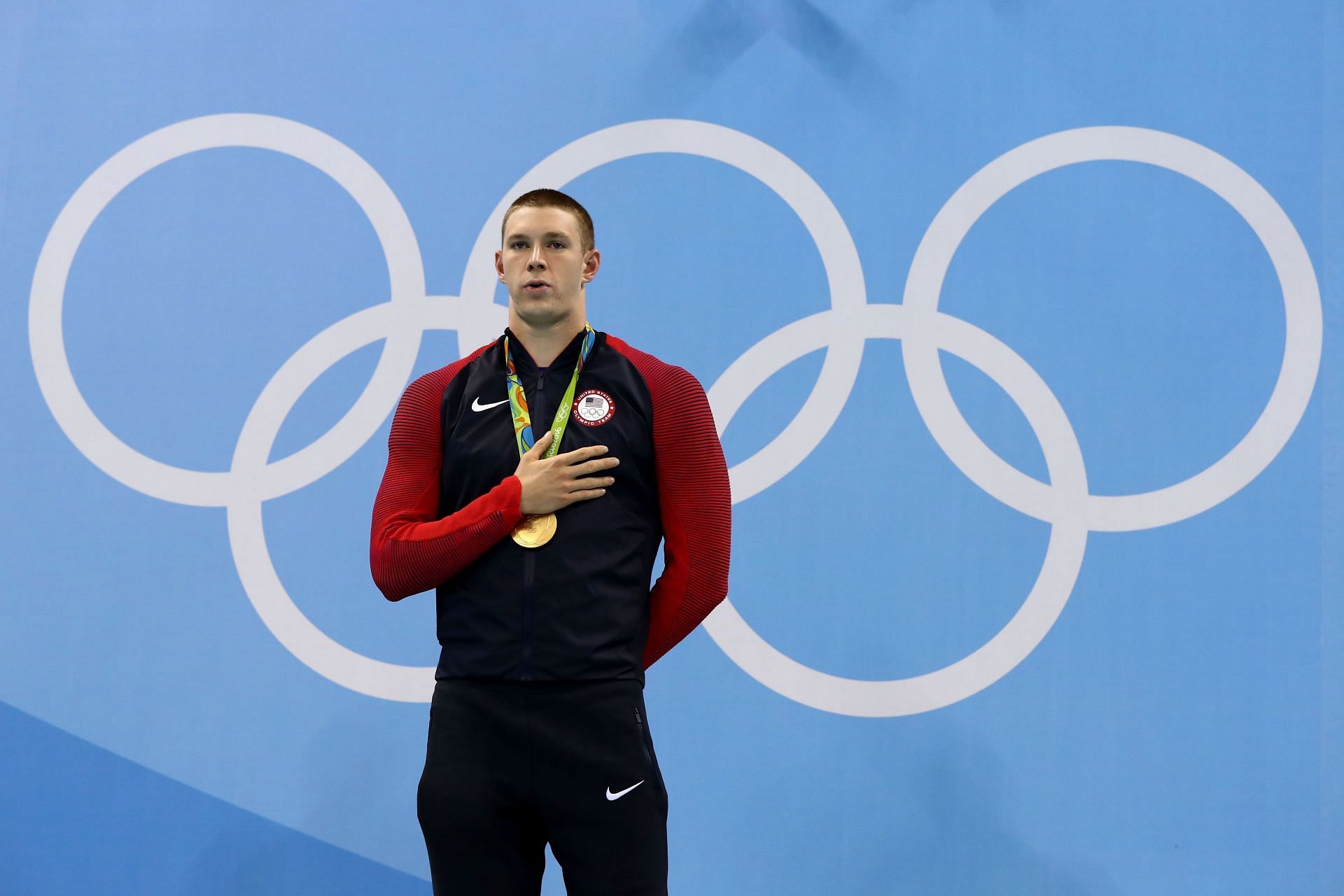 Murphy Poses at the Medal Ceremony After Winning Gold at the 100 Meter Backstroke. Swimming - Rio Olympics, 2016 (Photo by Al Bello/Getty Images)