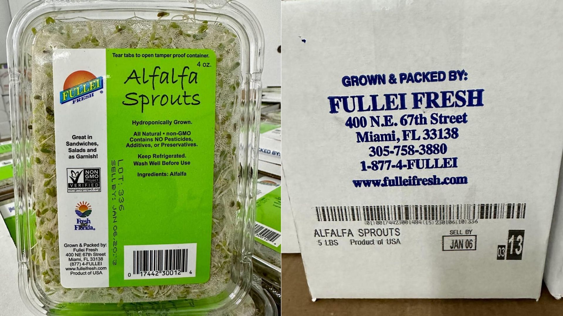 Recalled 4-ounce retail packs of the Fullei Fresh Alfalfa Sprouts (Image via FDA)